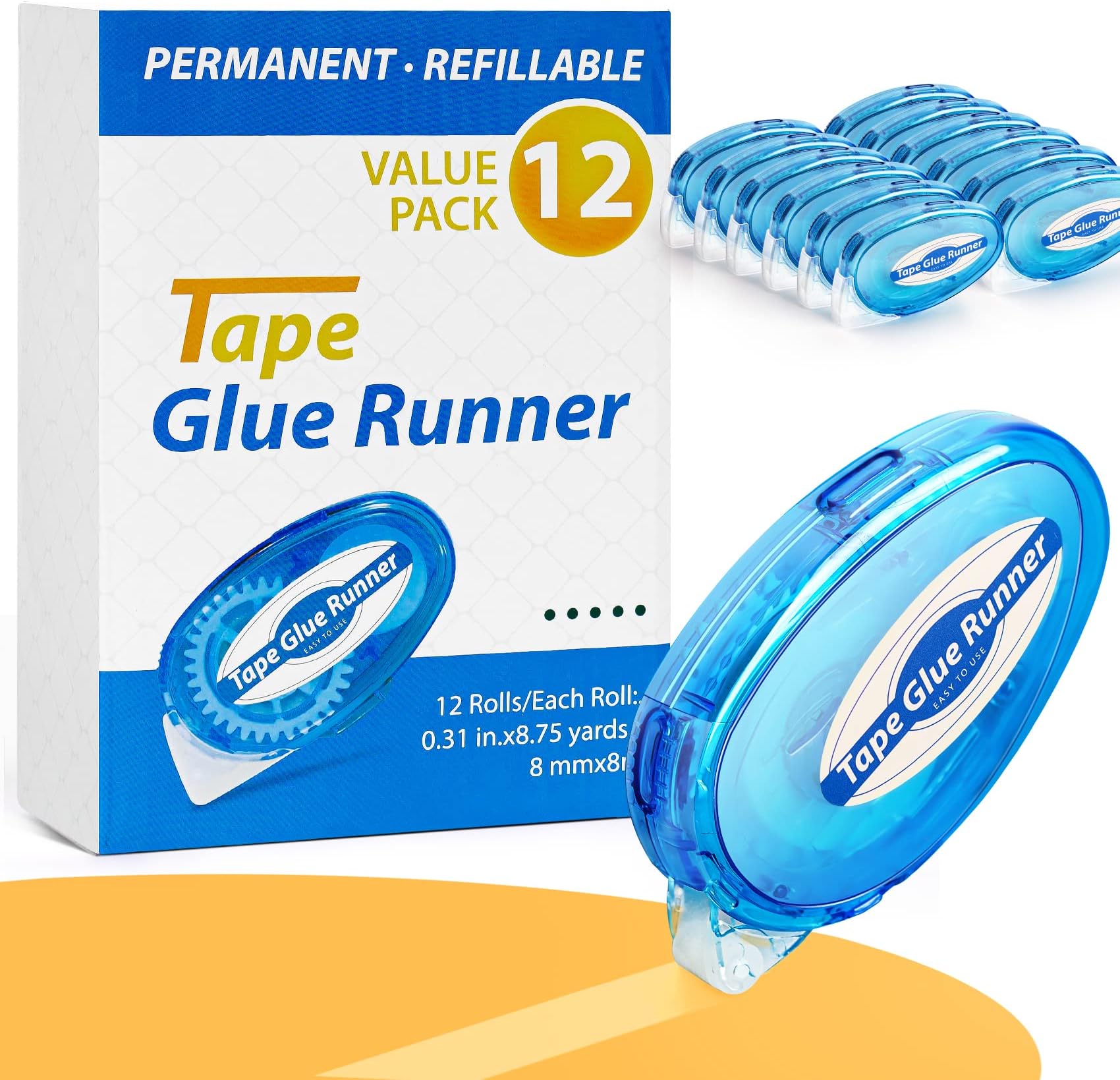 12 Pack Double Sided Tape Roller, Permanent Adhesive Scrapbook Tape Dispenser Runner, Glue Tape Roller for Scrapbooking, Crafts and Arts Projects, Photo-Safe, Smooth & Clean, 0.31" x 315"