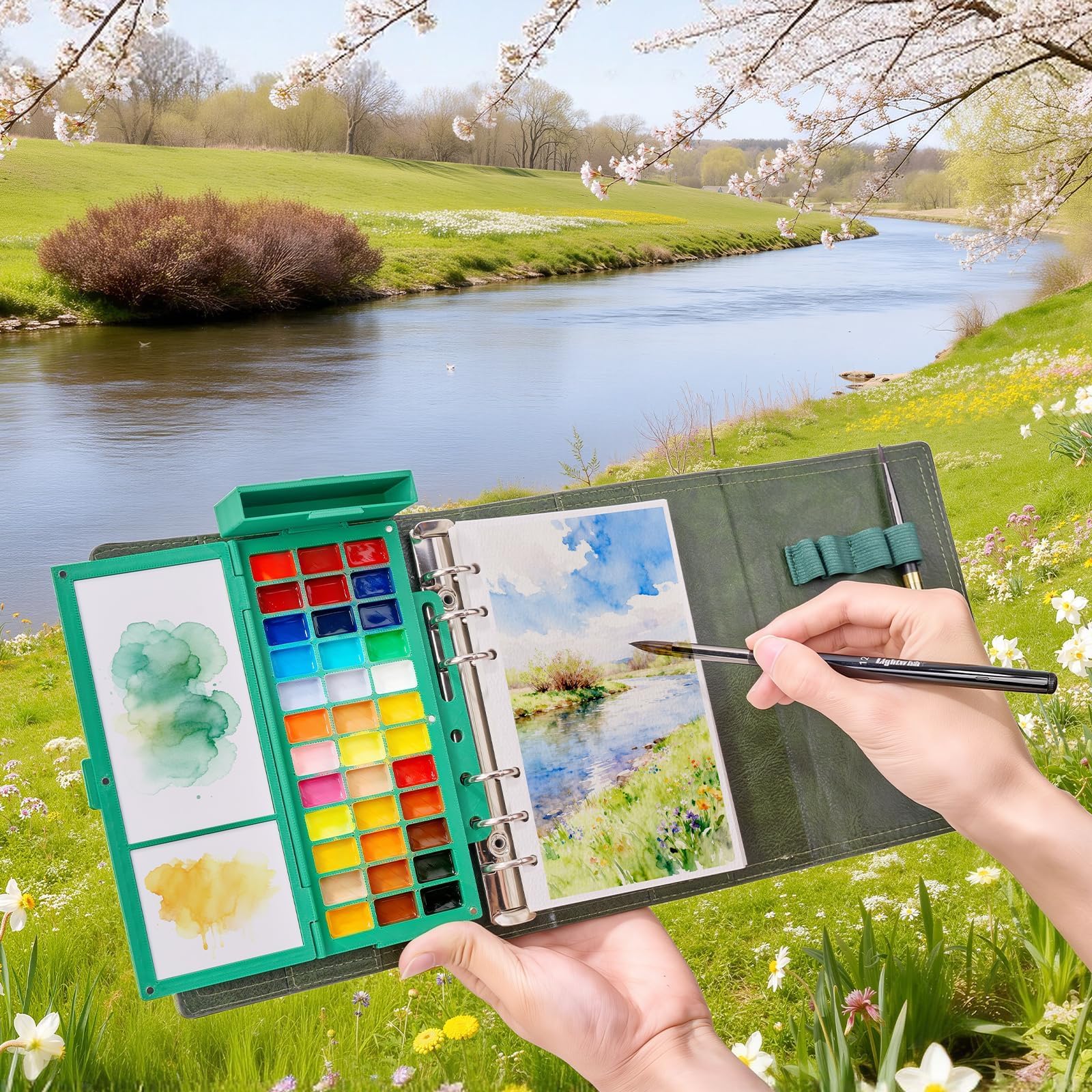 LIGHTWISH Carnet de croquis aquarelle – Classeur à anneaux 17 × 10 cm avec 20 feuilles 100 % coton (pressé à froid), palette en céramique 36 cavités et 2 pinceaux à eau – Pour peinture extérieure et