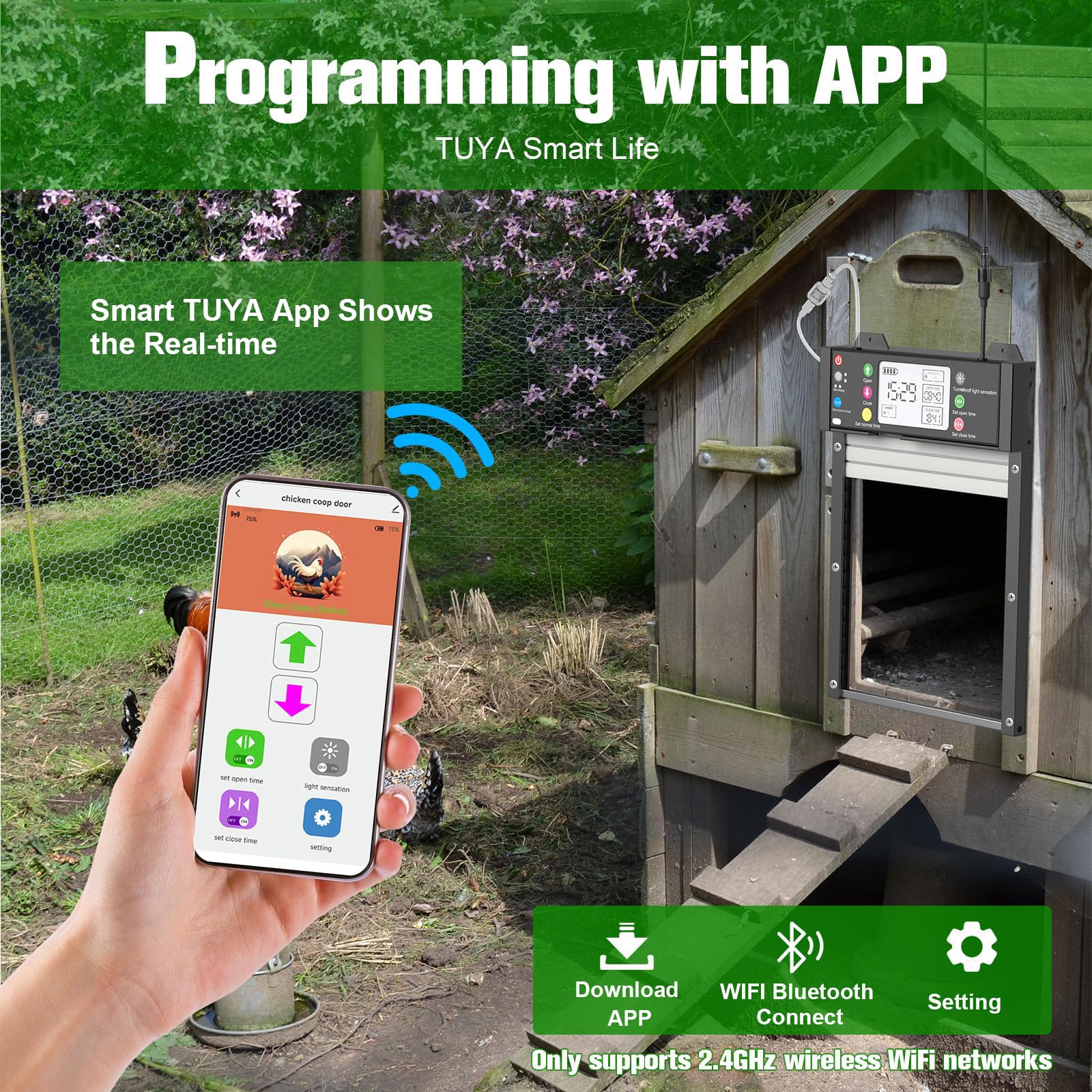 Automatische Hühnerklappe Mit Solar – TUYA App, Fernbedienung, Timer, Lichtsensor, 4000mAh Akku, Klemmschutz