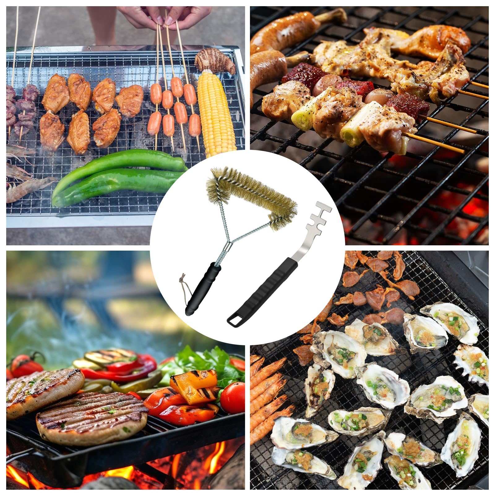 Lot de 2 lève-grille barbecue résistants à la chaleur + brosse 3 côtés, acier inoxydable, accessoires camping