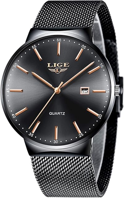 LIGE Mens Watches Waterproof Stainless Steel Fashion Simple Analog Quartz Calendar Black Dial Wrist Watch