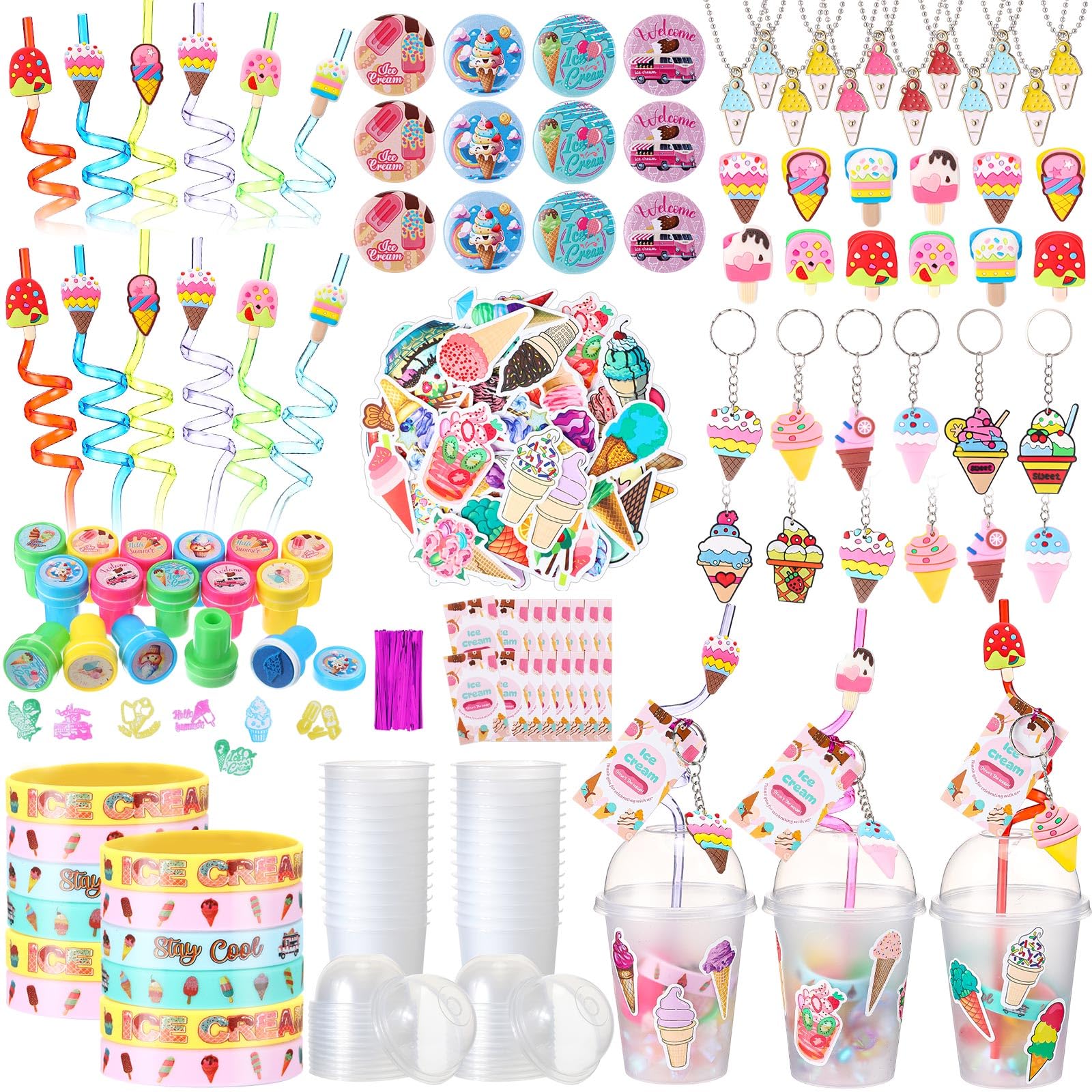 159 Pcs Ice Cream Birthday Party Favors Bulk for 12 Kids | Keychain Necklace Silicone Bracelet Ring Badge Stamp Sticker Tags Twist Tie Cup Lid Straw for Kids Birthday Party Rewards