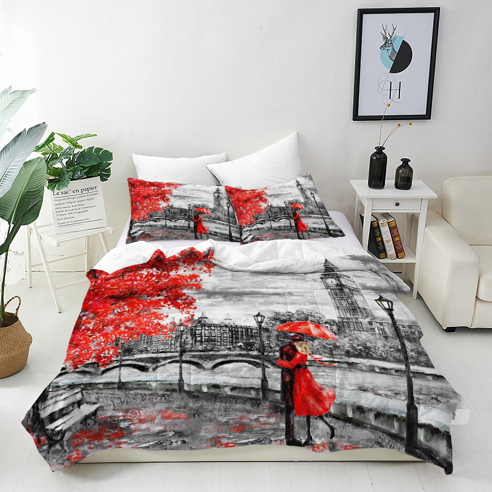 ANHOPE London Duvet Cover Set Soft Lightweight Microfibre Quilt Cover with 2 Pillowcase Oil Painting Big Ben Red Tree Print Pattern 3 Pcs Bedding Set with Zipper Closure Single 135 x 200 cm โ image 1