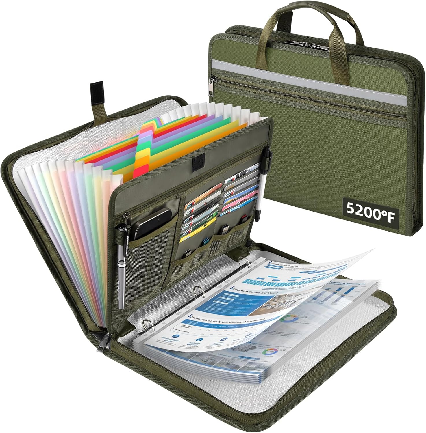 5200℉ Fireproof Document Organizer with 13 Accordion Expanding File Folder, Aluminum Foil Zipper Binder with 30 A4/Letter Sheet Protector, Binder for School Office Home Storage (Green)