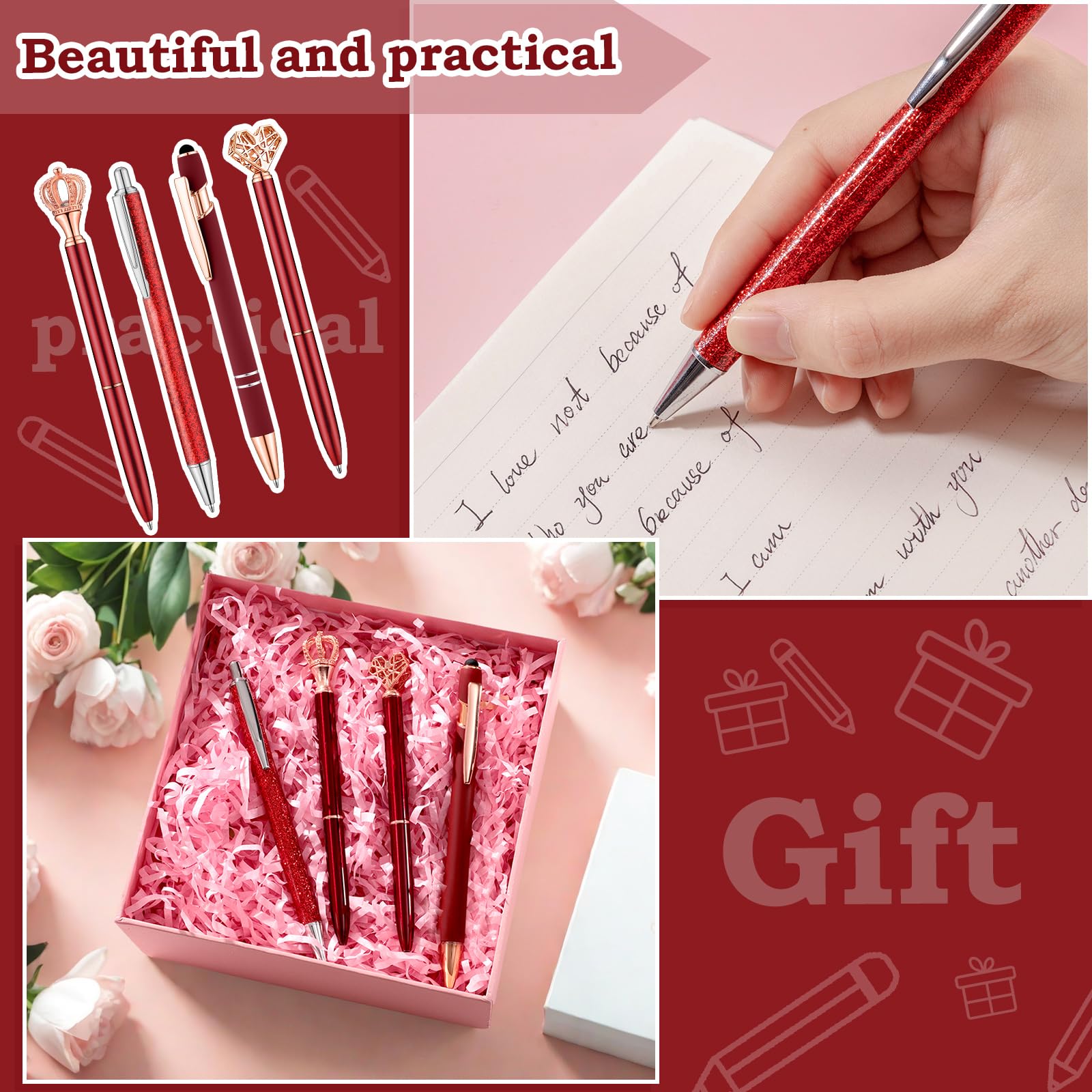 BESARME 4 Pcs Red Pens for Women, Red Gifts for Girls Personalized Bridal Shower Gifts for Women Cute Pen for School Office Supplies