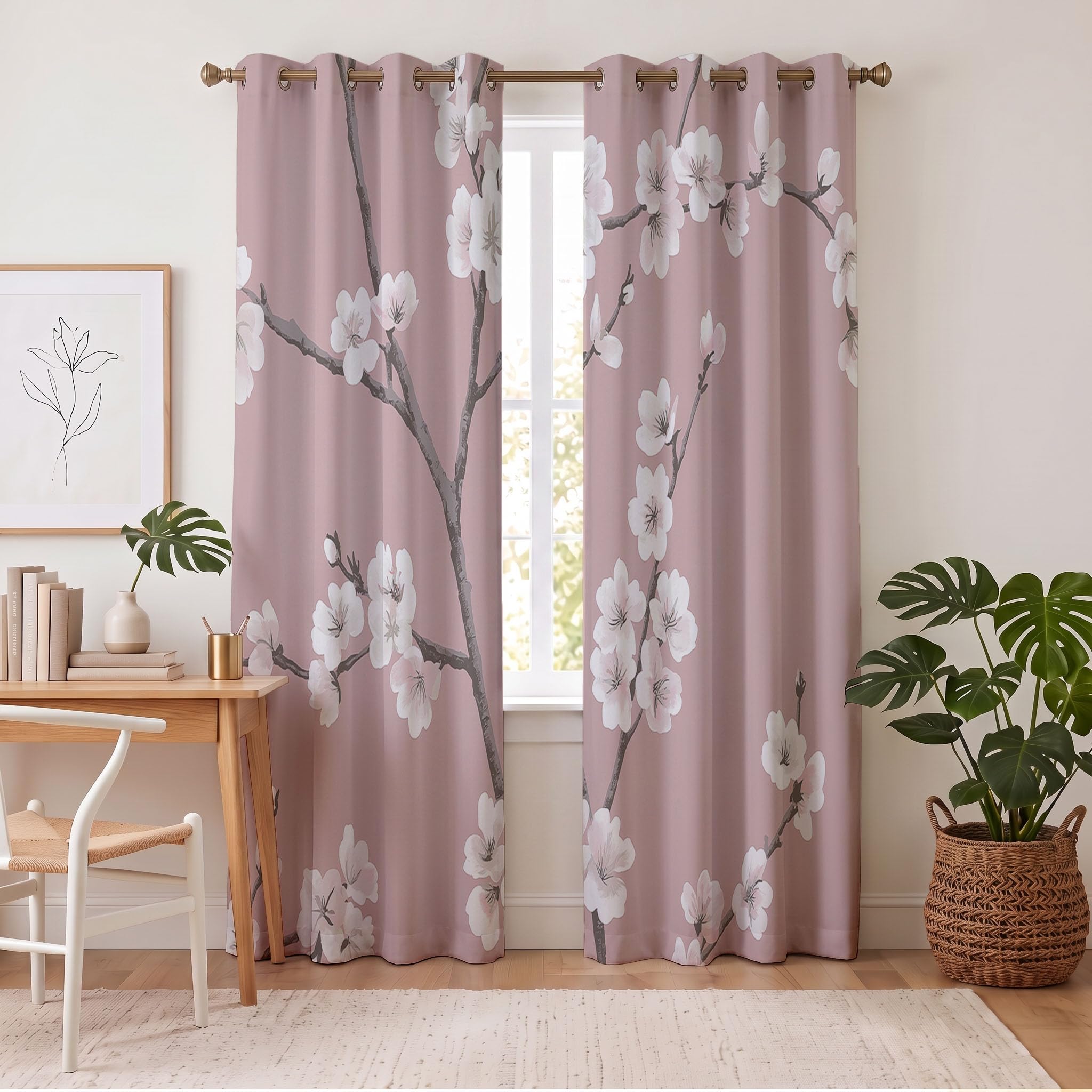Rideau Cerisiers En Fleurs Japonais Chambre, 2 Pièces 140X160 Cm (Lxh) | Rideaux Occultant Fleurs Élégantes Branches Salon, Thermique Oeillets Fenêtre Decoration, Opaque Draperies Rose