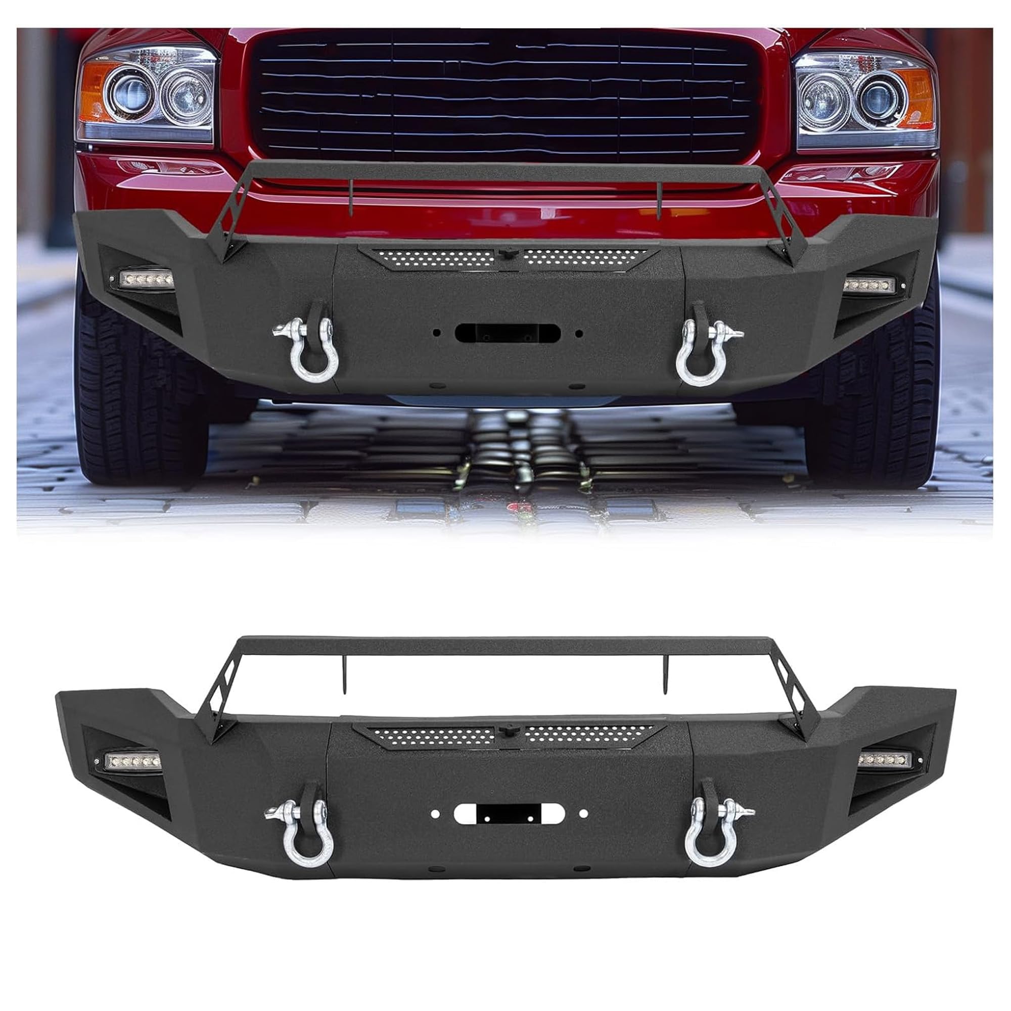 KUAFU Front Bumper Assembly Compatible with 2006 2007 2008 Dodge Ram 1500 w/2x18w LED Light, 3/4" D-rings, 12,000lbs Winch Plate Steel Powder Coated Black Three Pieces 2Packages