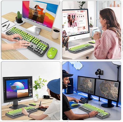 Miniatura 7 de Letton - Combo de teclado inalámbrico y ratón, 104 teclas redondas, lindo teclado colorido con estilo retro de máquina de escribir, teclado de