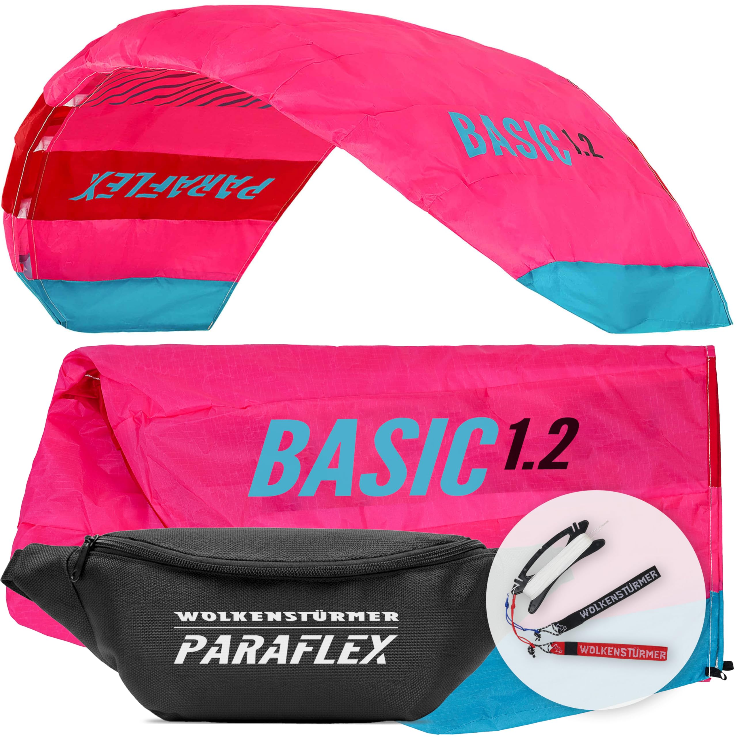 Wolkenstürmer Paraflex Basic 1.2 Cometa Pilotable, Poliéster Ripstop 70D, Rosa, 120 cm, 14 años, 2 líneas 45 kg