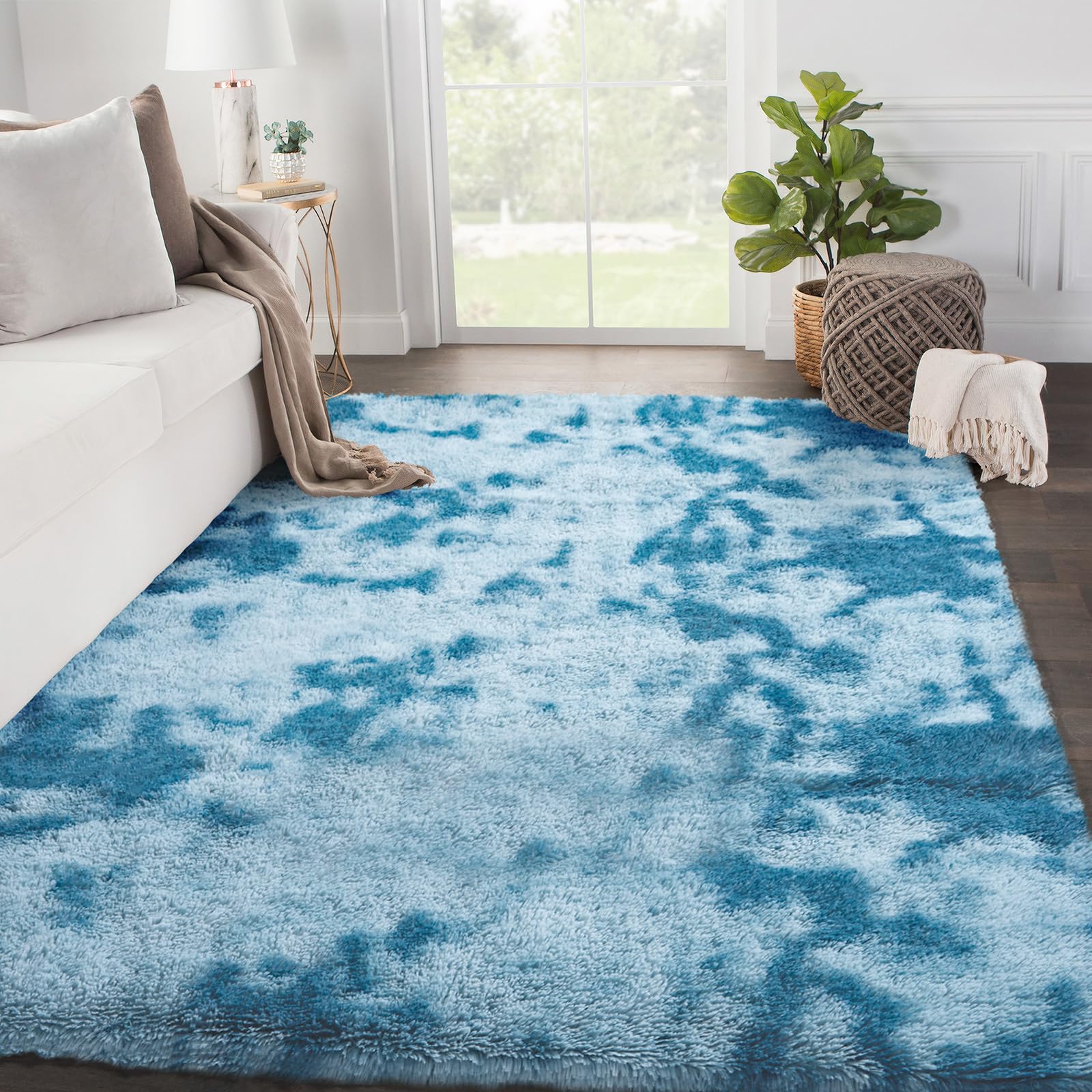 Living Room Area Rug, 120x180 cm Soft Fluffy Tie-Dyed Shag Carpet for Bedroom, Dorm, Kids Room, Lounge, Washable Non-Slip Throw for Home Decor, Dark Blue