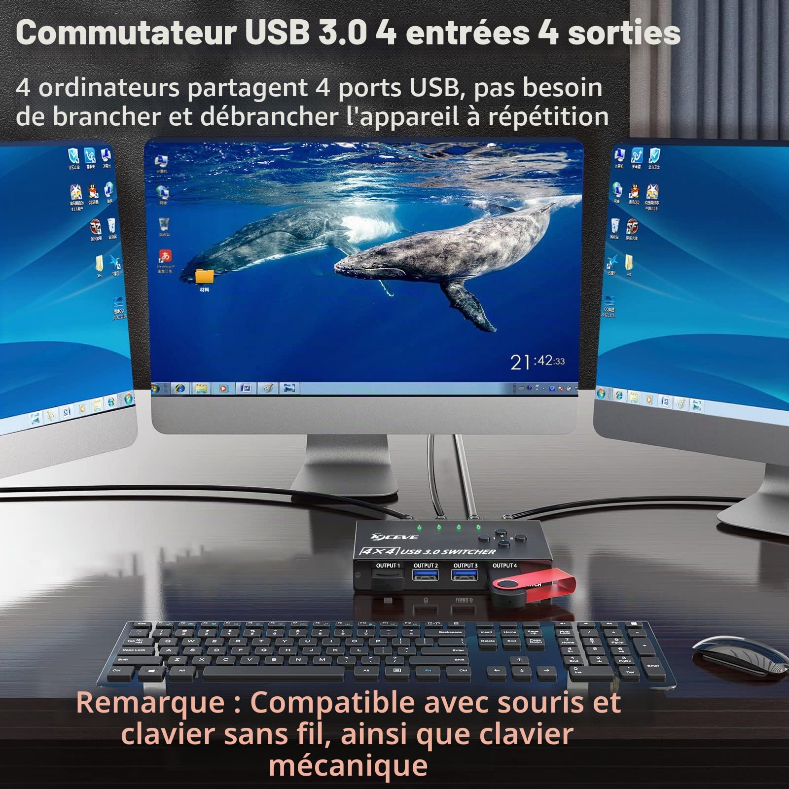 Switch USB 3.0, 4 Entrées 4 Sorties Commutateur USB KVM Switch 4 Ports pour 4 PCs pour Clavier Souris Clé USB Disque Imprimante, Télécommande Filaire et 4 Câbles USB 3.0 Inclus