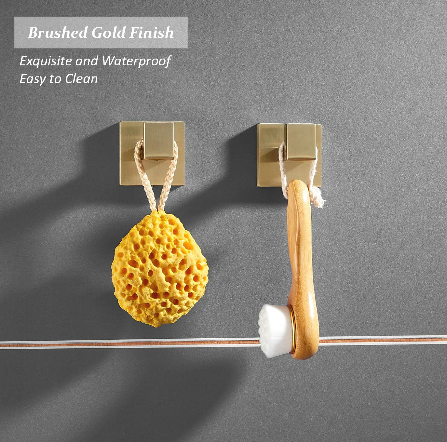 SHUNLI Gebürstete goldene Handtuchhaken für Badezimmer, 4 Stück Wandhaken, Kleiderhaken, Handtuchhalter, robuster Badhaken, moderner Quadrat, SUS304 Edelstahl