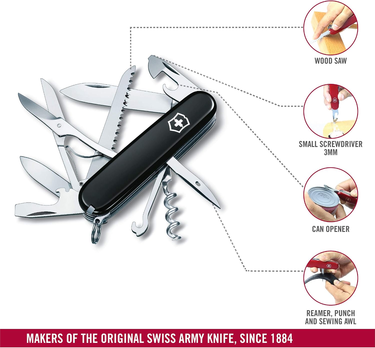 Victorinox Huntsman Swiss Army Knife, Medium, Multi Tool, Camping Knife, 15 Functions, Large Blade, Bottle Opener, Black - Image 5