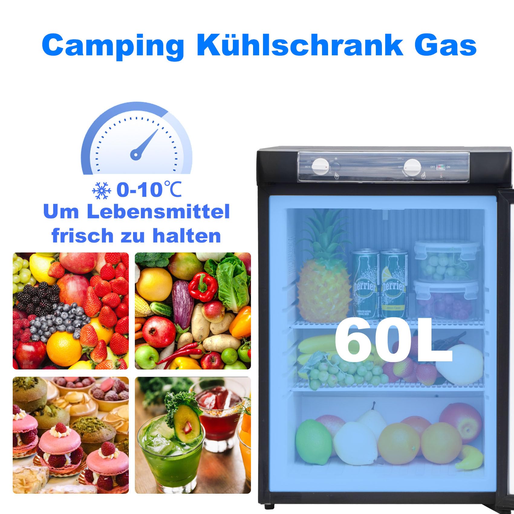 Gas Kühlschrank 60L, Camping Kühlschrank Gas 12V 230V, Wohnmobil Kühlschränk, Absorber Kühlschränk Gäs für Haus, Outdoor, Camping, Schwarz