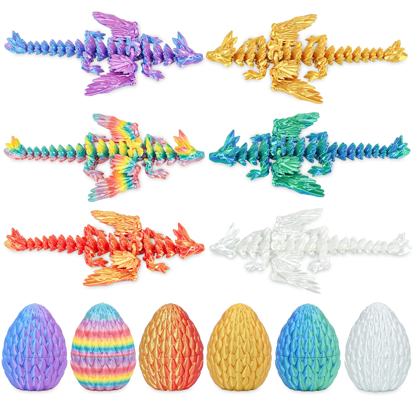 Dragon Eggs Gift Set with Surprise Mini Winged Dragon Inside 3D Printed Articulated Crystal Dragon Toy Easter Eggs Fun Toy Christmas Basket Stuffers for Kids Boys and Girls (6PCS)