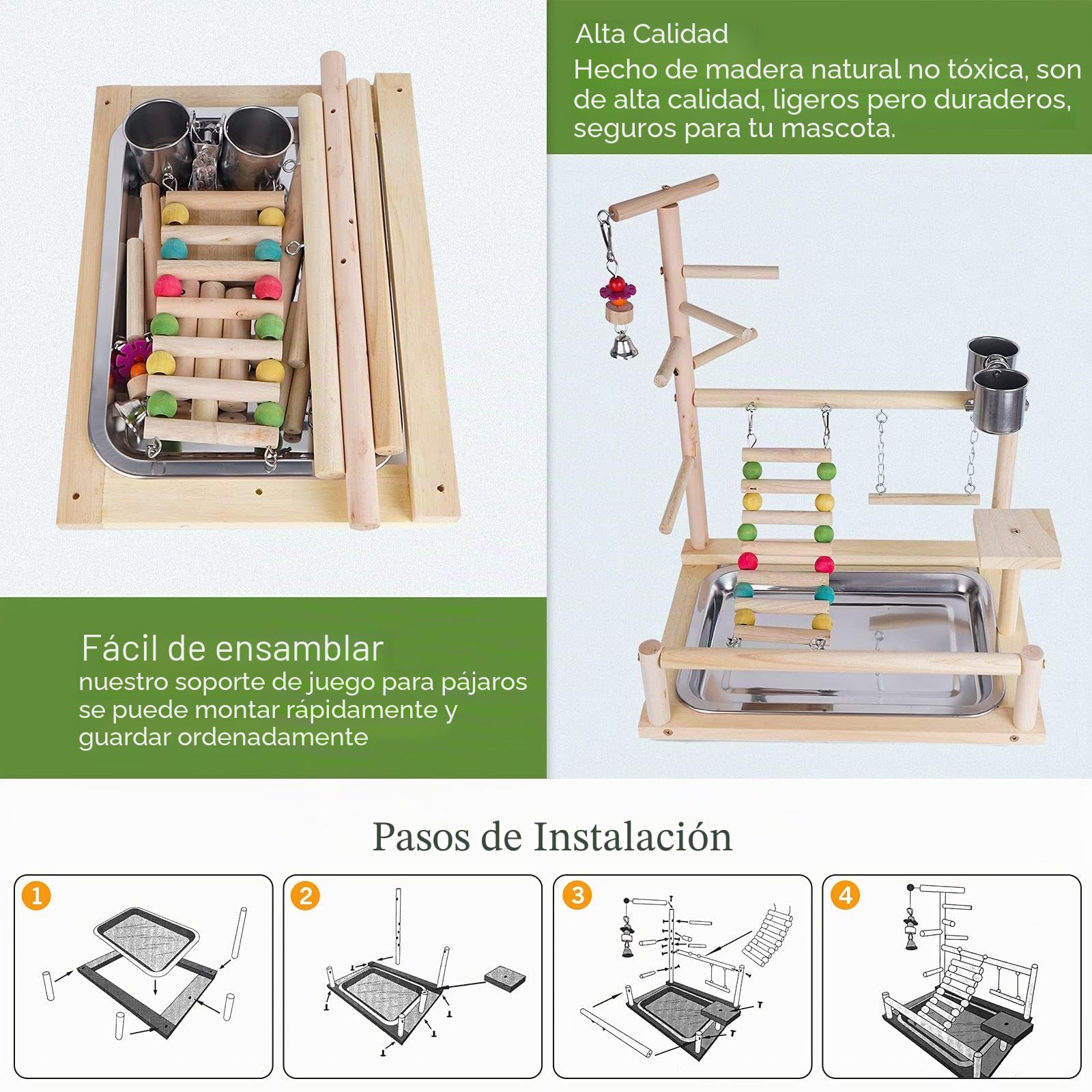 TEMU-SC Soporte para loros de madera: parque infantil para pájaros con perchas para periquitos pequeños y medianos, periquitos, pinzones, periquitos y pájaros del amor (37 x 26 x 44 cm)