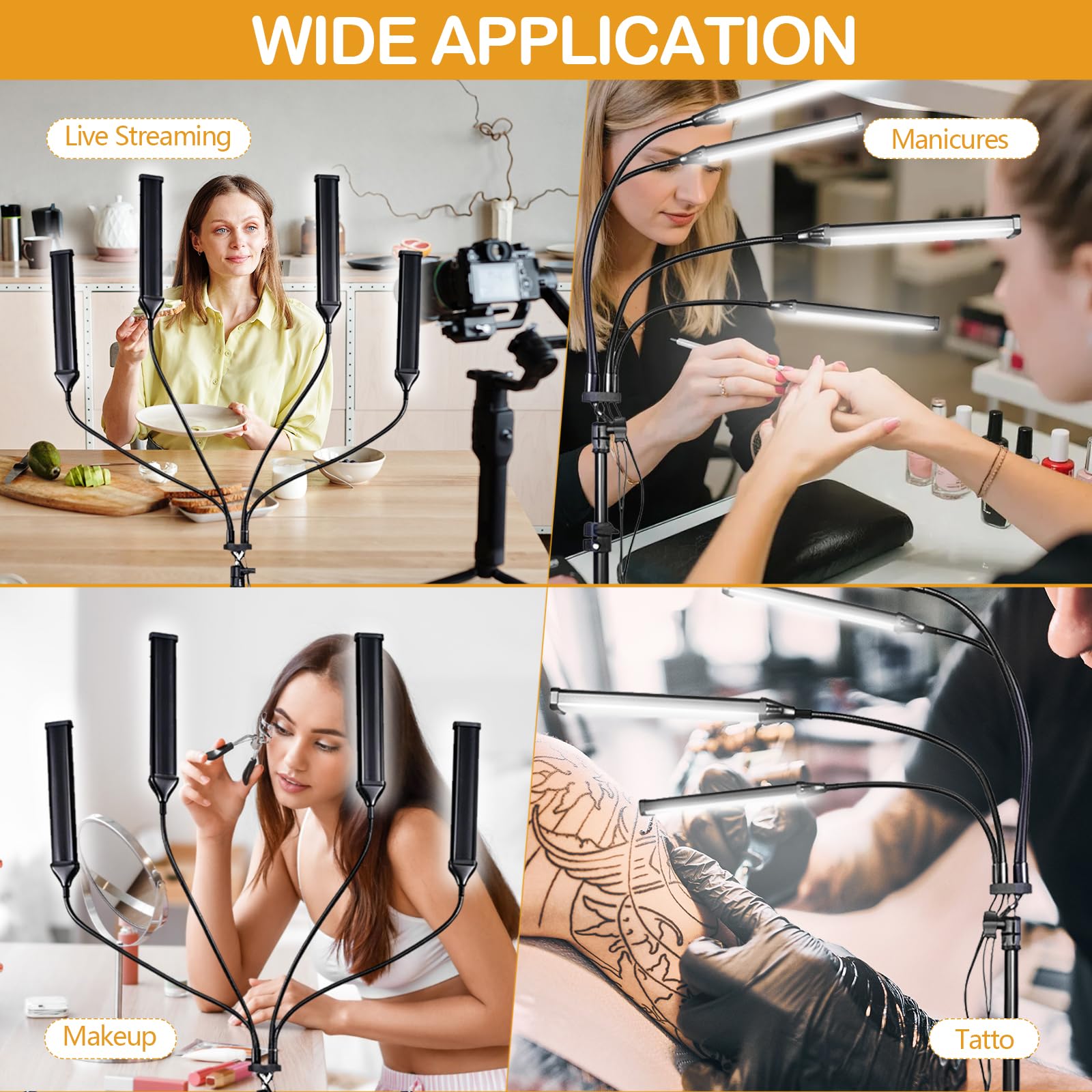 Lampada Video Dimmerabile LED, Quattro Bracci Lampada Estetista con Treppiede e Supporto per Telefono per Luce Truccatore, Lampada per Ciglia, Live Bellezza, Tatuaggio, Riprese Studio