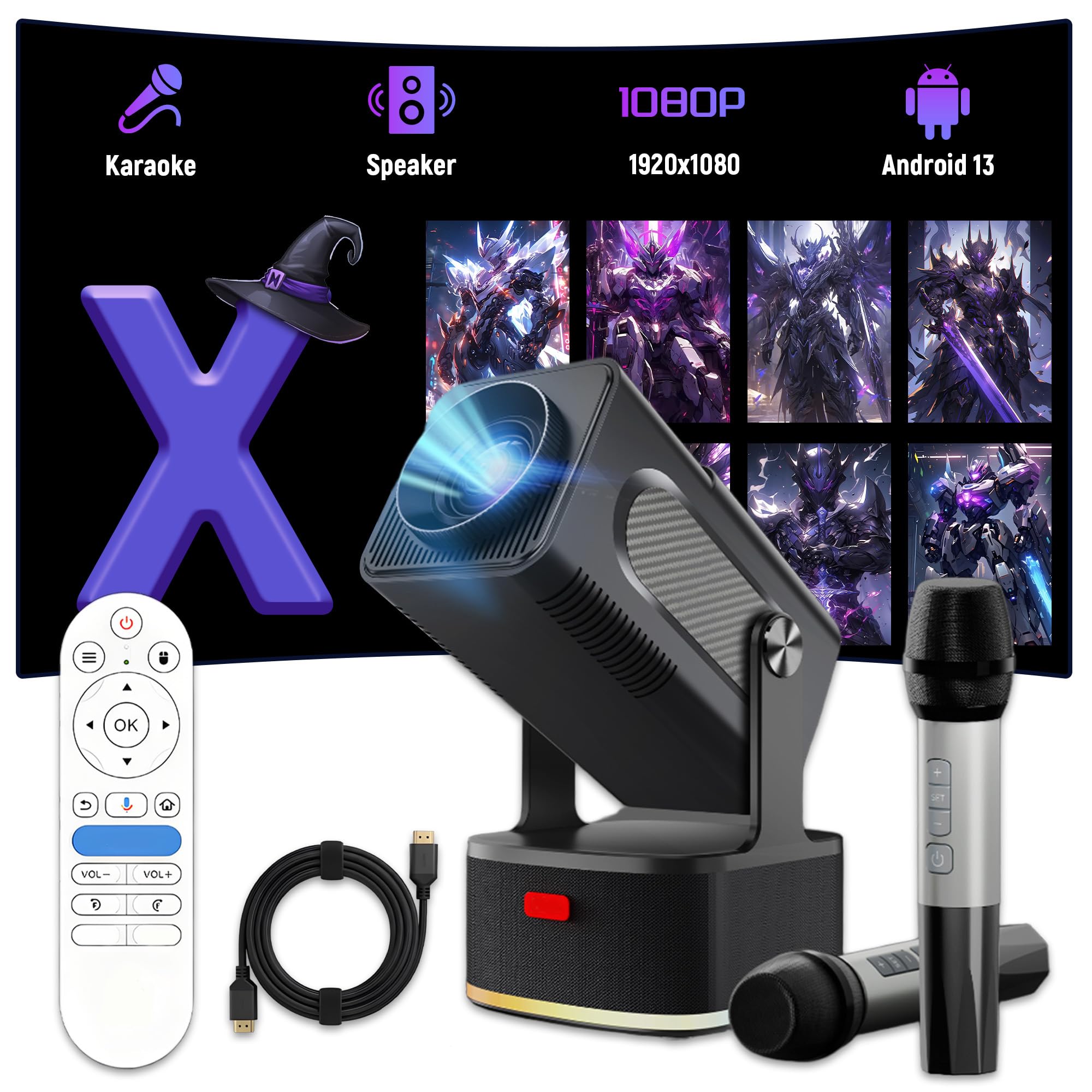 HCS350 KTV Mini Proiettore 4K Smart TV,Proiezione+Karaoke+Altoparlante Proiettore Portatile con Telecomando Vocale/Microfono Ricaricabile,1920 * 1080P Videoproiettore,450 ANSI,Android 11,WiFi6+BT5.4