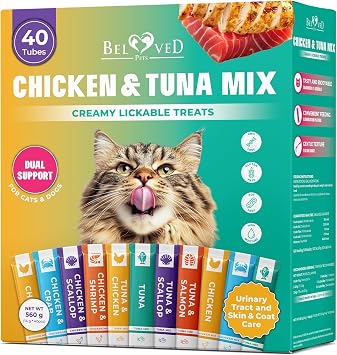 Creamy Lickable Cat Treats & Wet Food Squeeze Tubes Liquid Kitten Snacks, Urinary Tract Care, Skin & Coat Health, Multivitamin Treats for Cats, Small Dogs, Lick Up 40 Sticks Tuna + Chicken Mix