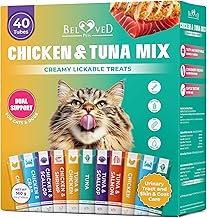 Creamy Lickable Cat Treats & Wet Food Squeeze Tubes – Liquid Kitten Snacks, Urinary Tract Care, Skin & Coat Health, Multivitamin Treats for Cats, & Small Dogs, Lick Up 40 Sticks Tuna + Chicken Mix