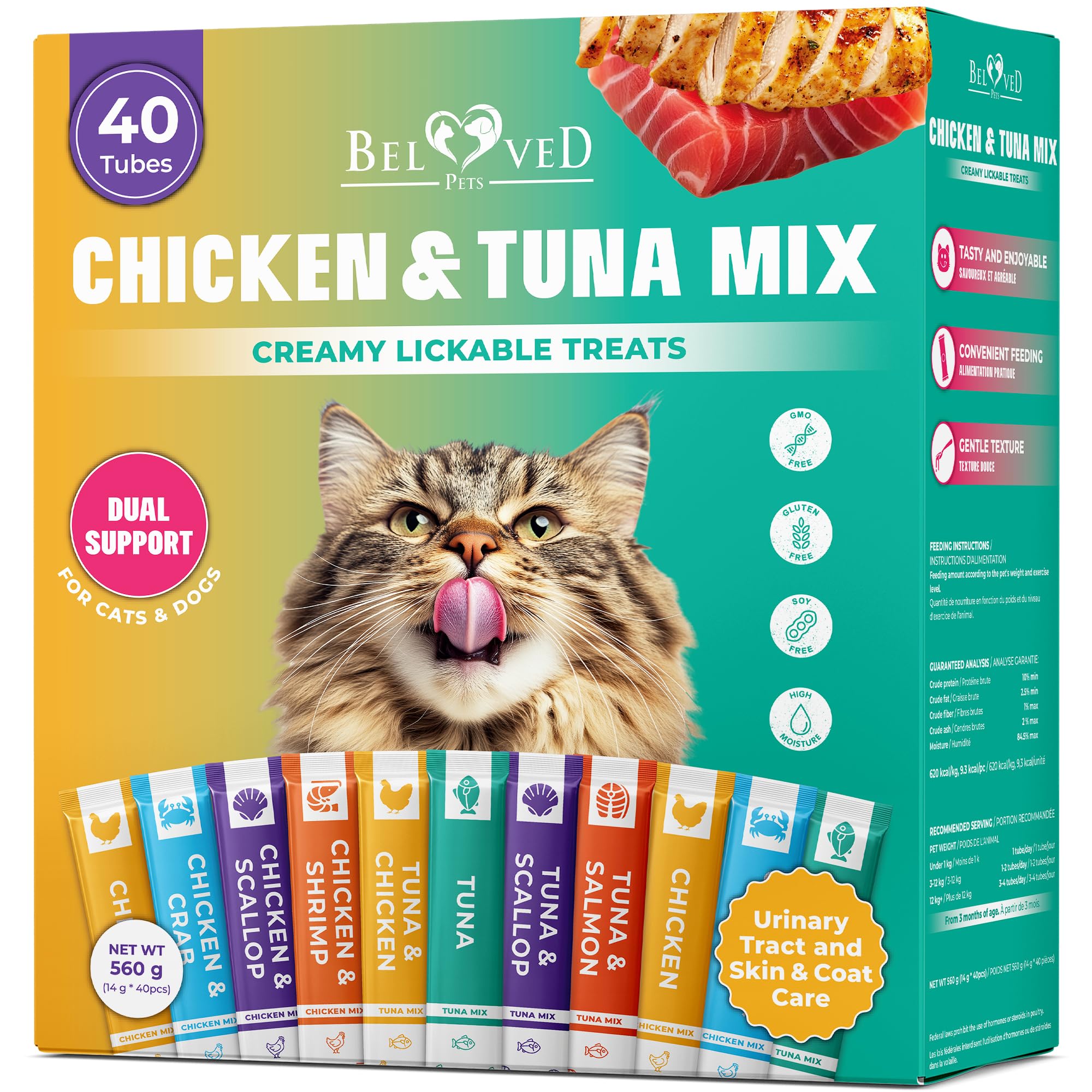 Creamy Lickable Cat Treats & Wet Food Squeeze Tubes โ Liquid Kitten Snacks, Urinary Tract Care, Skin & Coat Health, Multivitamin Treats for Cats, & Small Dogs, Lick Up 40 Sticks Tuna + Chicken Mix