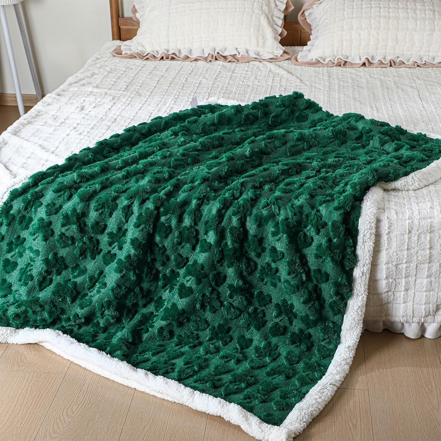 St. Patrick's Day Sherpa Blanket 50 x 60 Inch, 3D Textured Green Shamrock & Heart Pattern Throw Blanket, Soft Warm Sherpa Lined Fleece for Couch Bed Sofa Holiday Decor & Warmth - Image 4