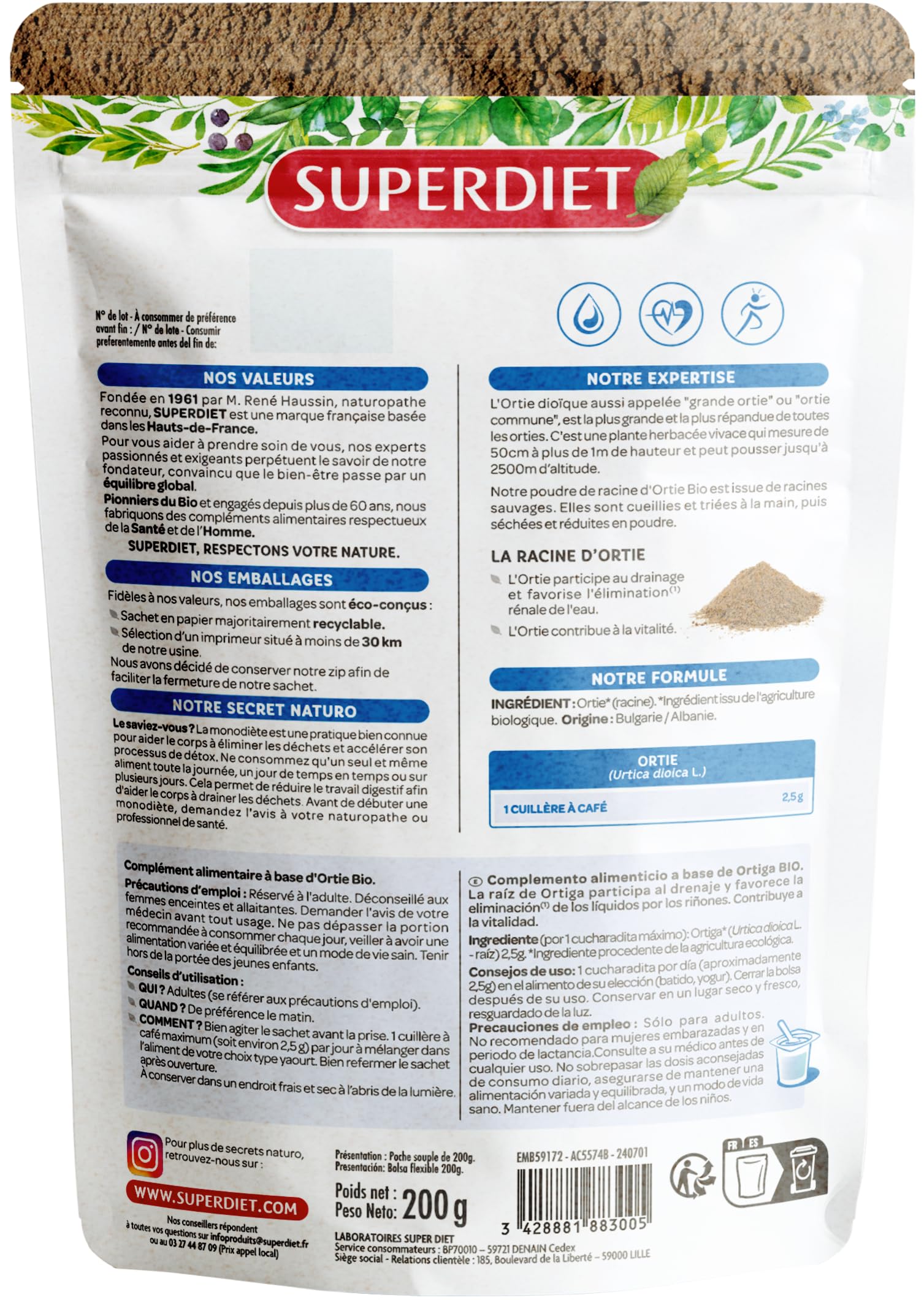 SUPERDIET - ORTIE BIO - Élimination- Sachet refermable - Conditionné en France - Poudre 200 g