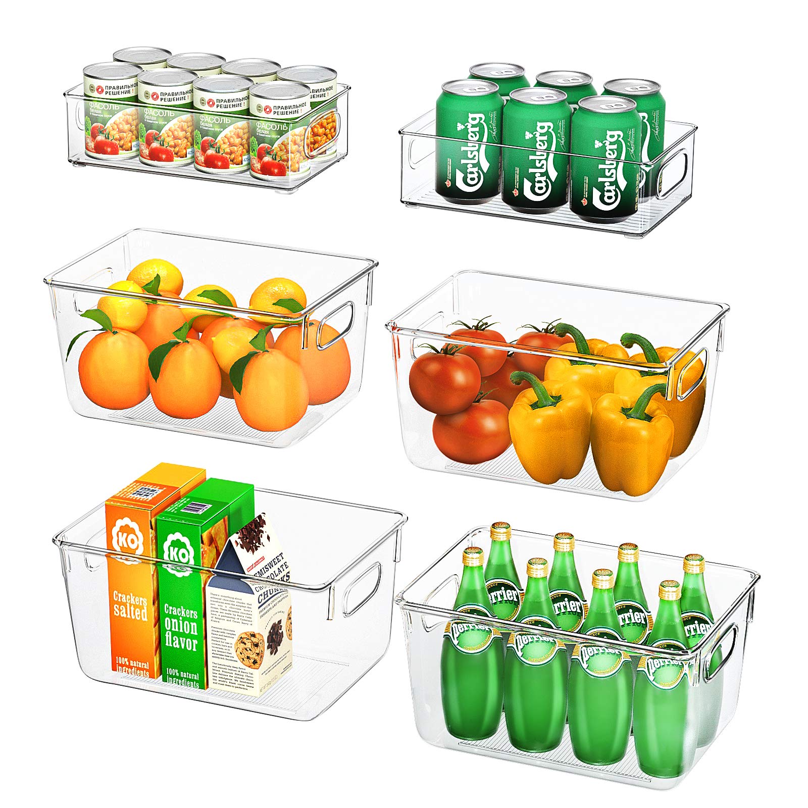 Fridge Storage Organisers - 6 Pack (4 Large & 2 Small) Clear Refrigerator Storage Boxes with Handle, Stackable Fridge Organizers for Cupboard, Kitchen, Pantry - BPA Free Containers