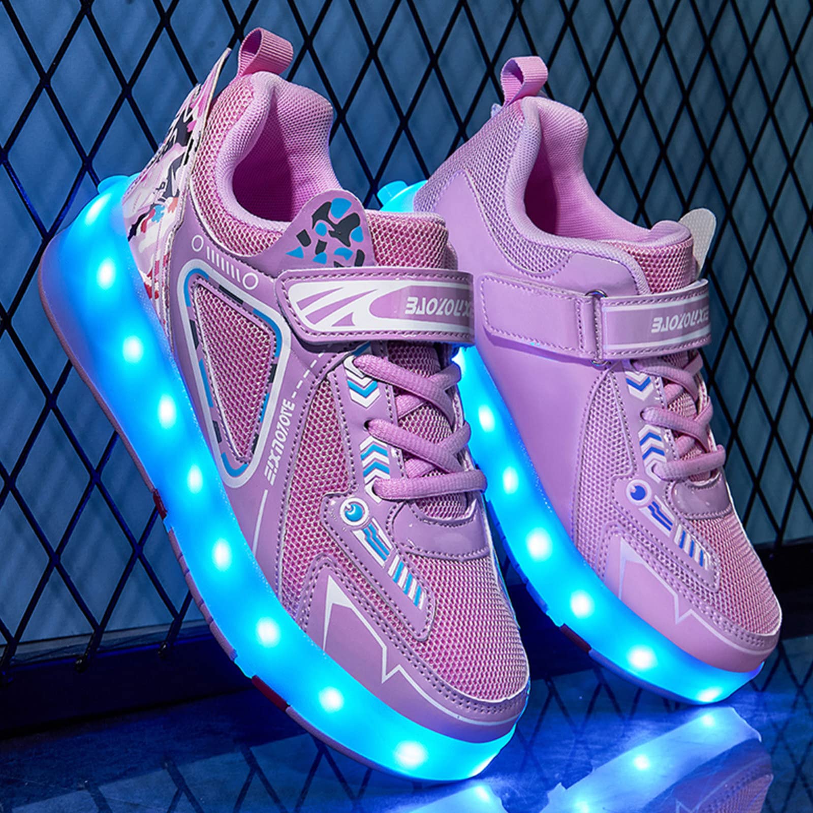 Zapatos de Patines Unisex para Niños Regalo de Niños Niñas Zapatillas LED Luminous Cuatro Ruedas de Doble Fila Zapatillas de Skate Técnicas con Carga USB,Pink-39EU