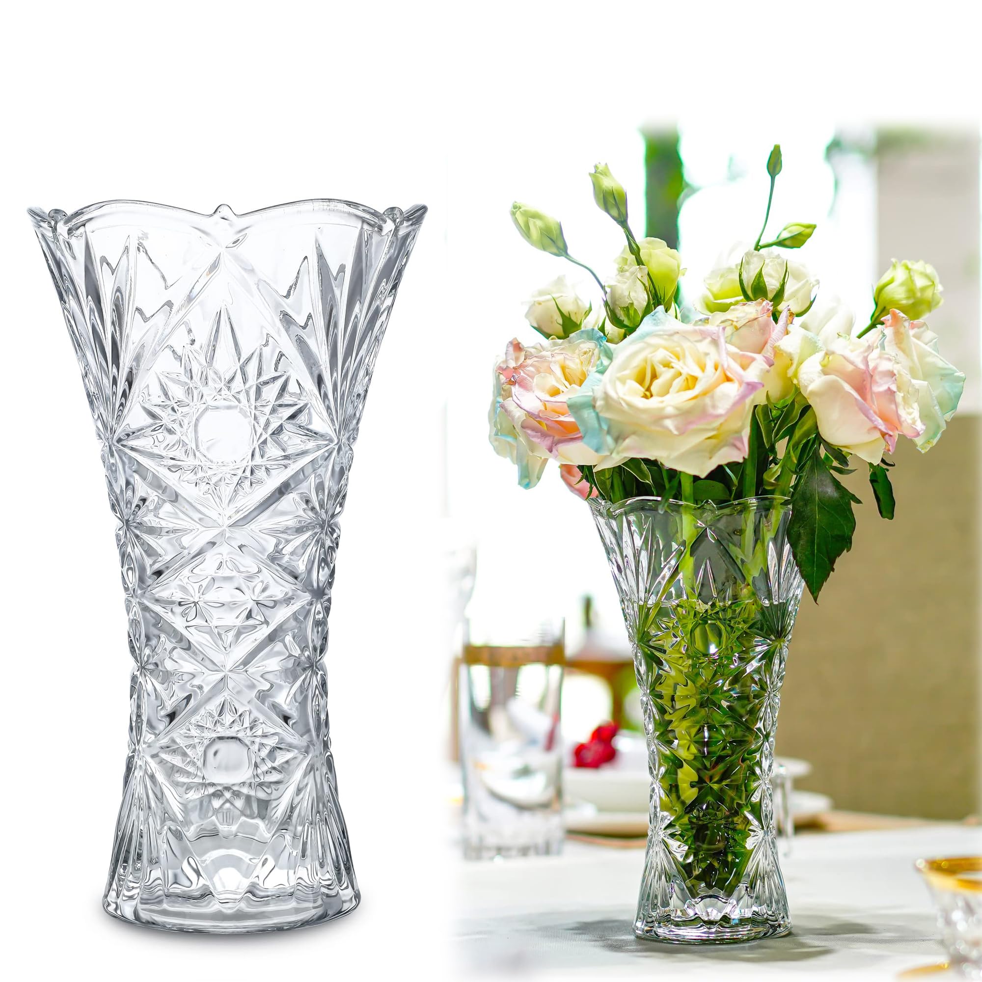 SYOSI Clear Crystal Vase, Glass Flower Vase Thickening Design Suitable for Home Decor Centerpieces, Wedding, Mothers Gift, 9.2In Tall