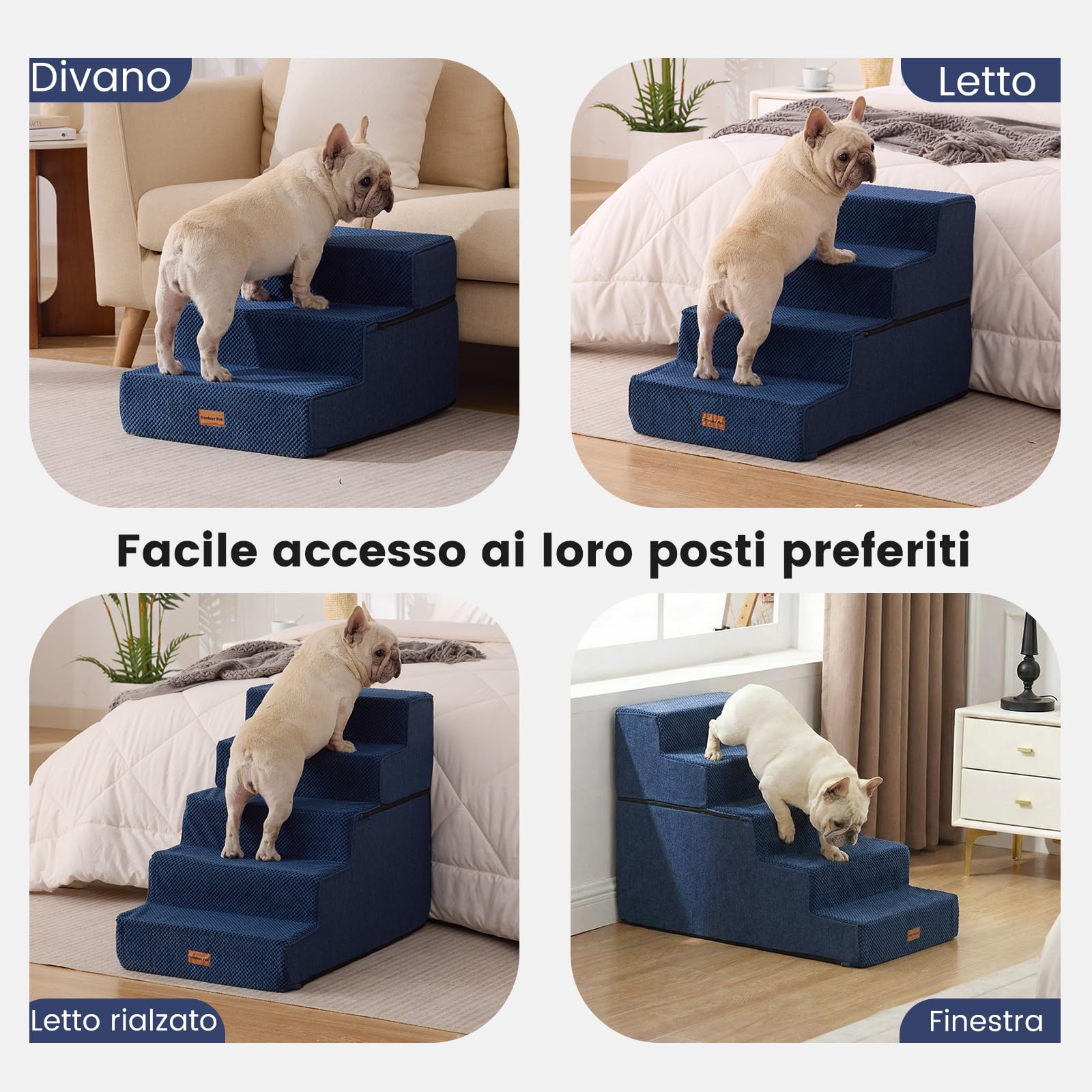 Gardner Pet Scala per Cani Piccola, Scala per Animali Domestici a 4 Gradini, Rampe in Schiuma ad Alta Densità con Rivestimento Impermeabile e Antiscivolo, per Letto, Divano, Poltrona e Auto, Blu