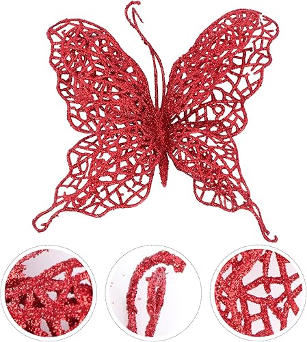 Vista 3 de PRETYZOOM Decoraciones de mariposa con purpurina para árbol de Navidad, mariposa, adorno colgante de mariposa hueca con purpurina para árbol de Rojo
