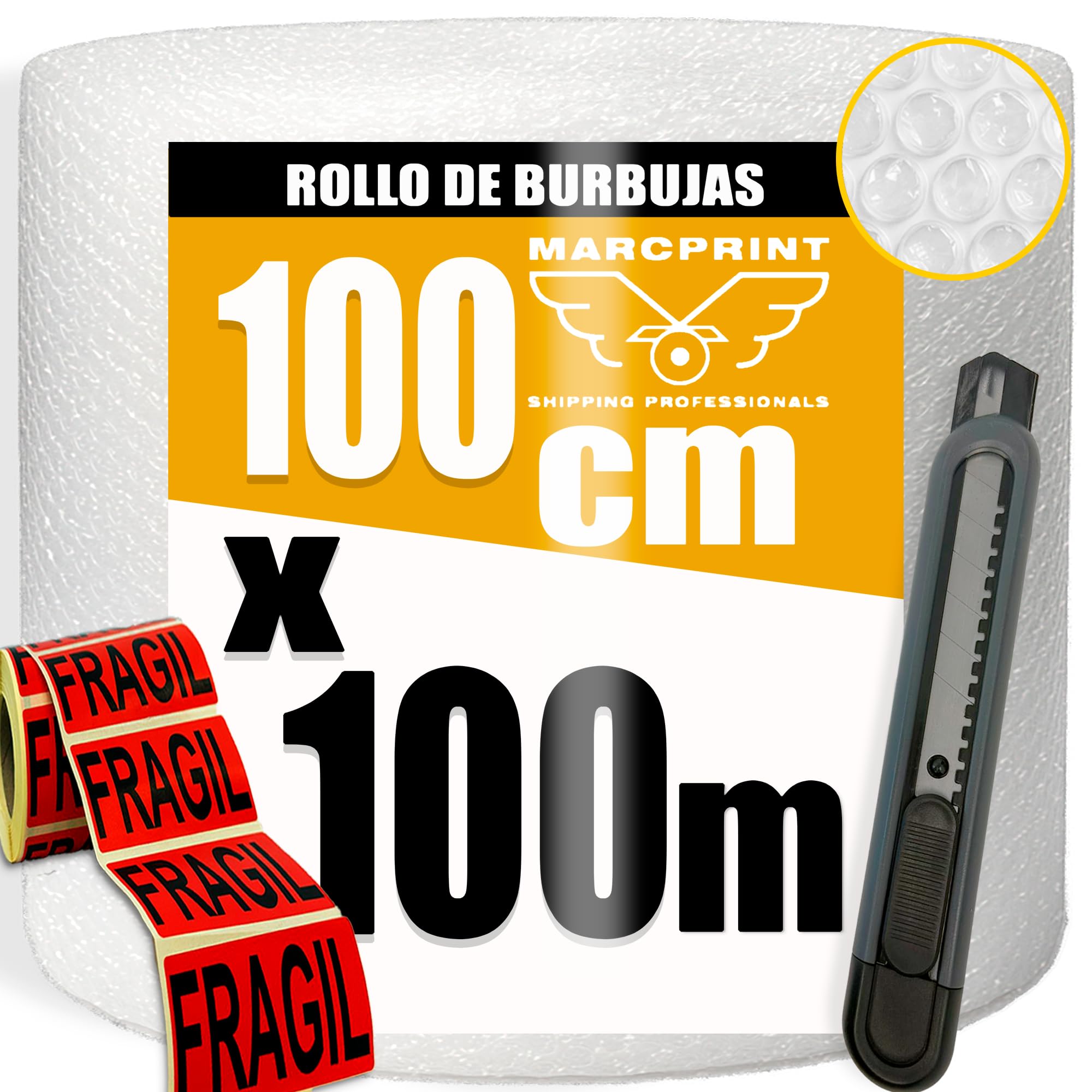 Rollo Burbuja Embalaje 100 cm x 100 m con Cutter y Pegatinas de Fragil – Papel Burbuja para Mudanzas y Envíos – Plástico de Burbujas Protector Antigolpes – Embalaje Profesional Reutilizable