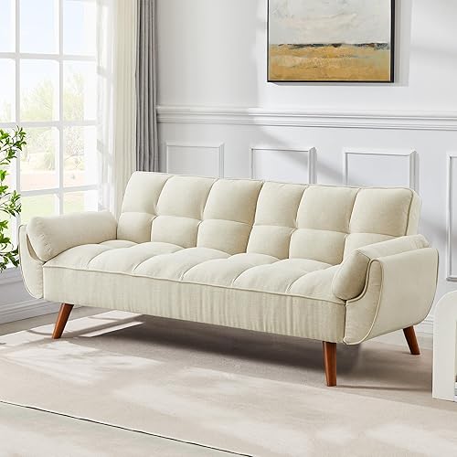 mikibama Futon Sofa Bed Modern Convertible Sleeper Sofa, 75” Linen Twin Size Futon Couch Comfy Recliner Sofa Couch with Adjustable Split Backrest for Living Room Small Spaces, Beige