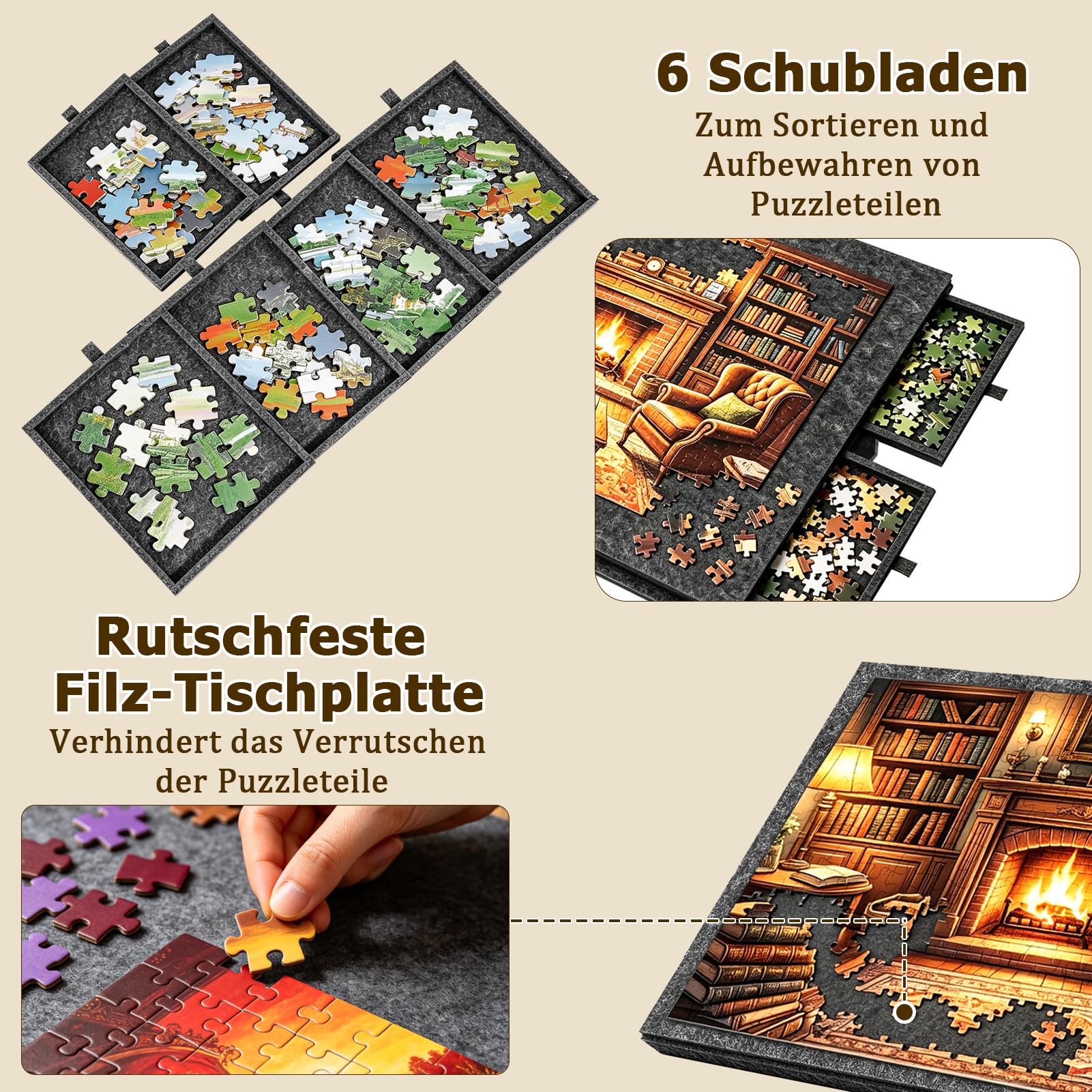Planche de puzzle 77 x 53,6 cm, table de puzzle 2 en 1 avec 6 tiroirs et support, tapis de puzzle en feutre pour jusqu'à 1000 pièces, planche de puzzle portable pour adultes et enfants, gris