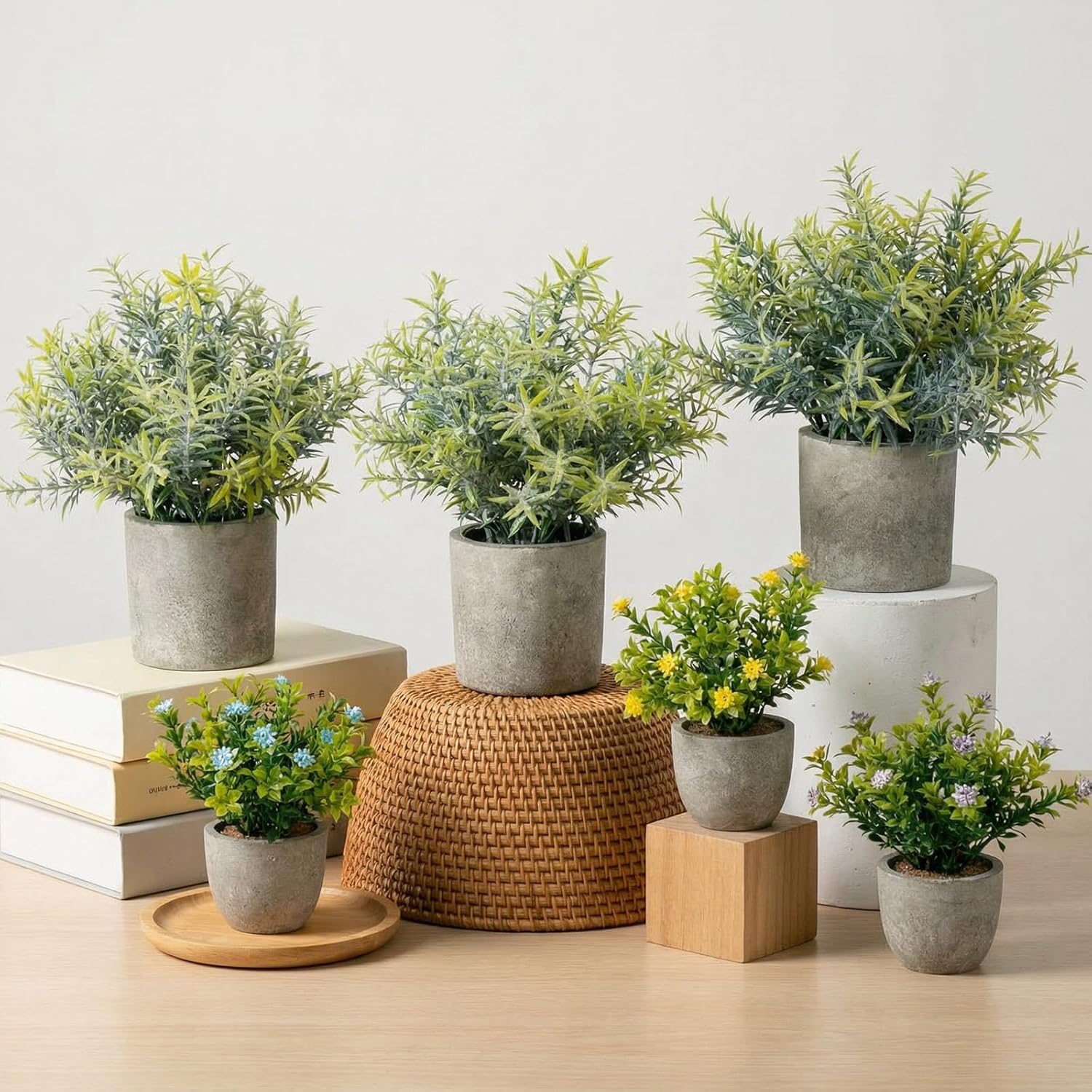 Chunful 6 Pcs Small Fake Plants Potted Faux Mini Artificial Plants Rosemary Babys Breath Artificial Flowers Farmhouse Table Centerpiece Decoration for Living Room Desk Shelves Bathroom Bedroom Office