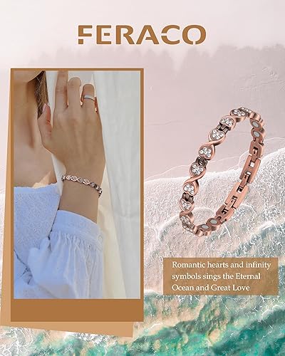 Miniatura 4 de Feraco Pulsera de cobre para mujer, forjada a mano, 99.99% de cobre puro sólido, pulseras magnéticas con imanes de neodimio profesionales (símbolo