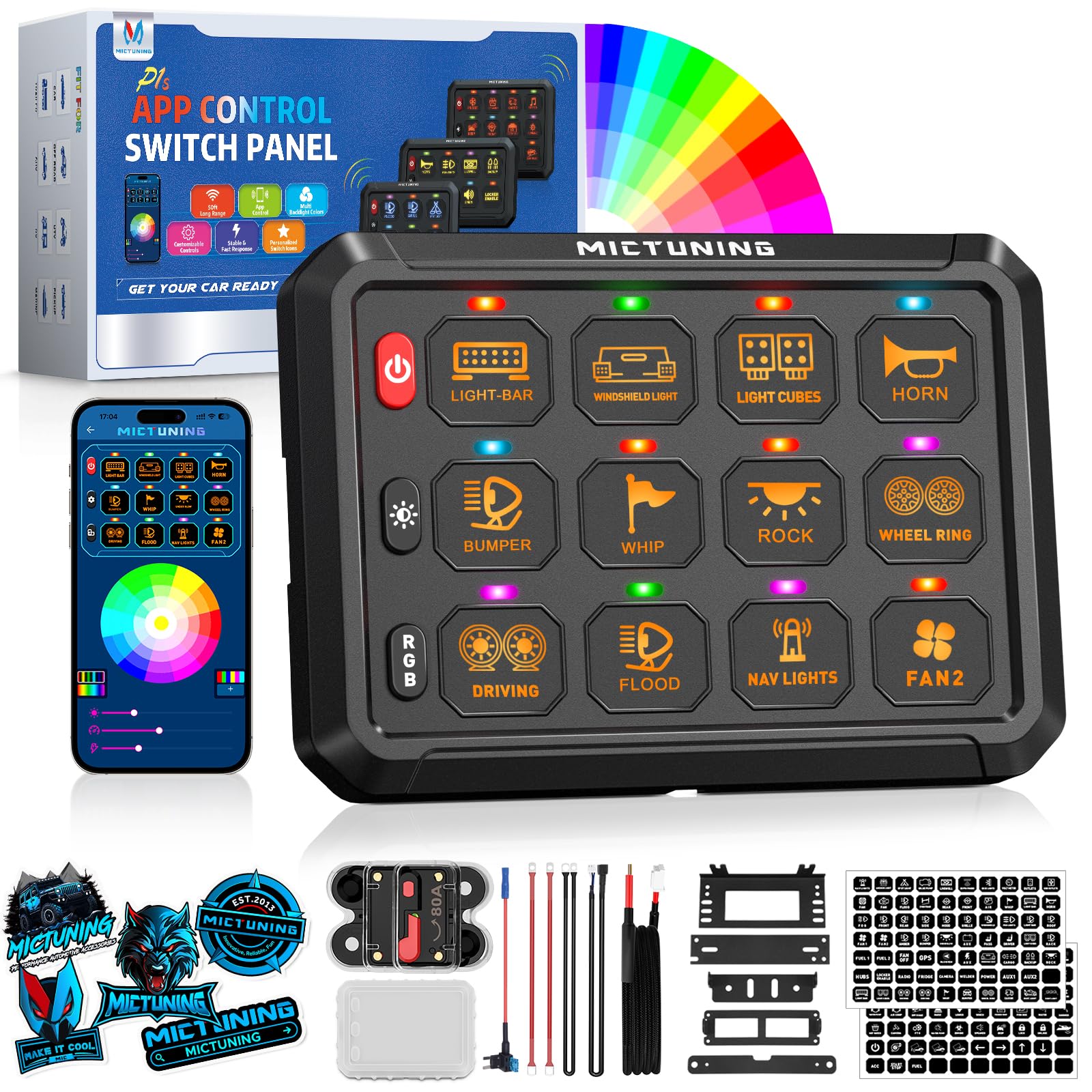 MICTUNING P1s-APP RGB 12 Gang Switch Panel with APP Control, High Power 6-Level Brightness Multifunction Toggle Strobe Momentary Pulse Circuit Control Relay System Box for Car, 2 Years Warranty