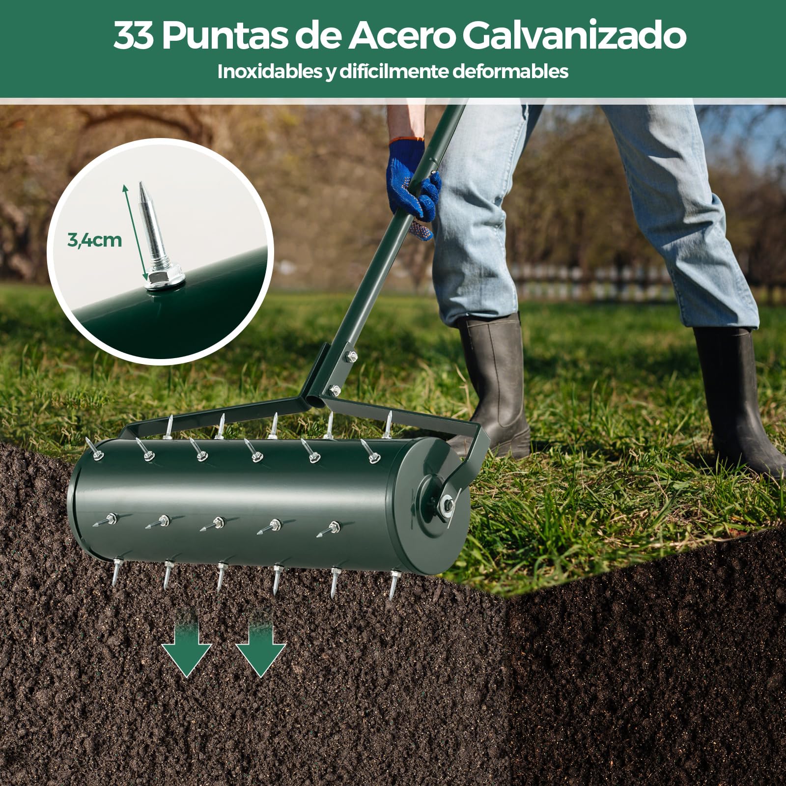 COSTWAY Rodillo Aireador de Césped Enrollable, Herramienta de Césped con Mango Desmontable de 130cm y Púas para Aflojar el Suelo, para Jardín, Patio, Fácil de Montar (52cm)