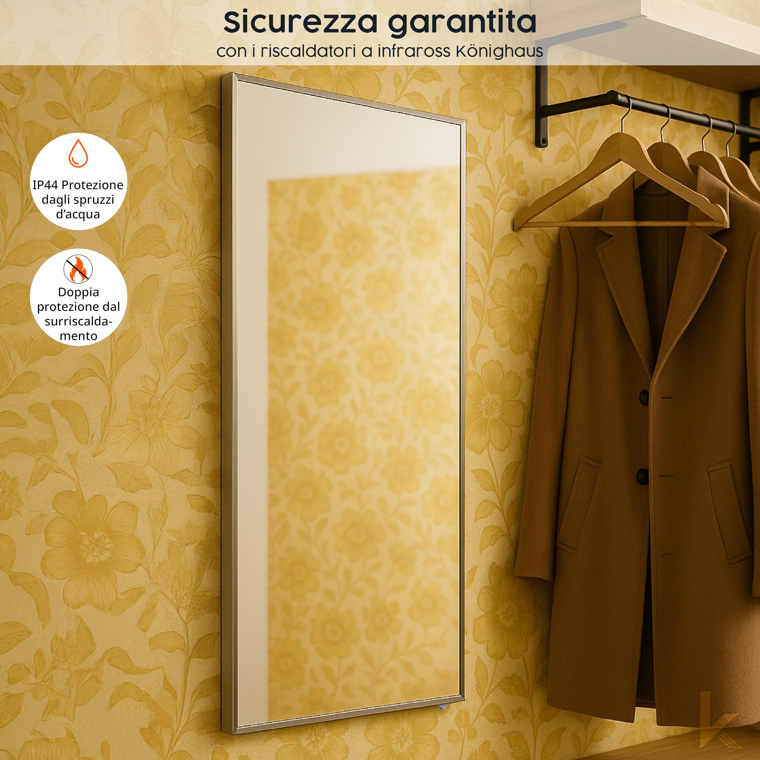 Könighaus Riscaldamento a infrarossi a specchio, 1000 W con termostato, riscaldamento a specchio a risparmio energetico e 5 anni di garanzia, riscaldamento da parete a infrarossi con cornice bianca