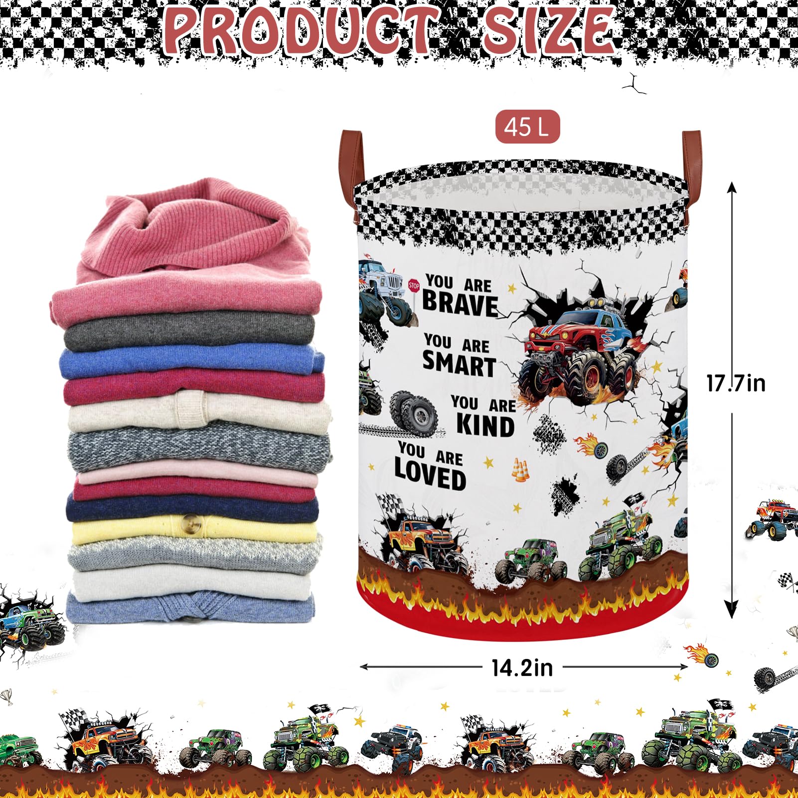 Monster Trucks Laundry Hamper Basket Kid Gift Toy Bin Empty Car Nursery Decor Hamper Rectangular Shelf Storage Basket Collapsible Clothes Book Organizer Bin for Boy (Monster Trucks-Fire)
