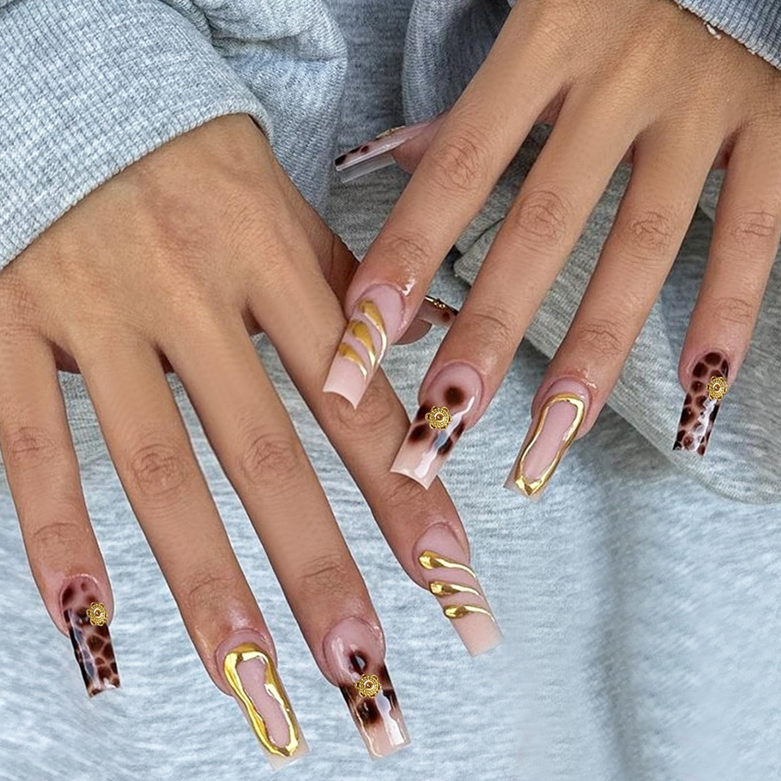 Embossed Gold Line Press-On Nails - Long Square With Brown Flower Designs, Glue-On, Golden Stick-On, Reusable Glossy False Nails for Women and Girls -