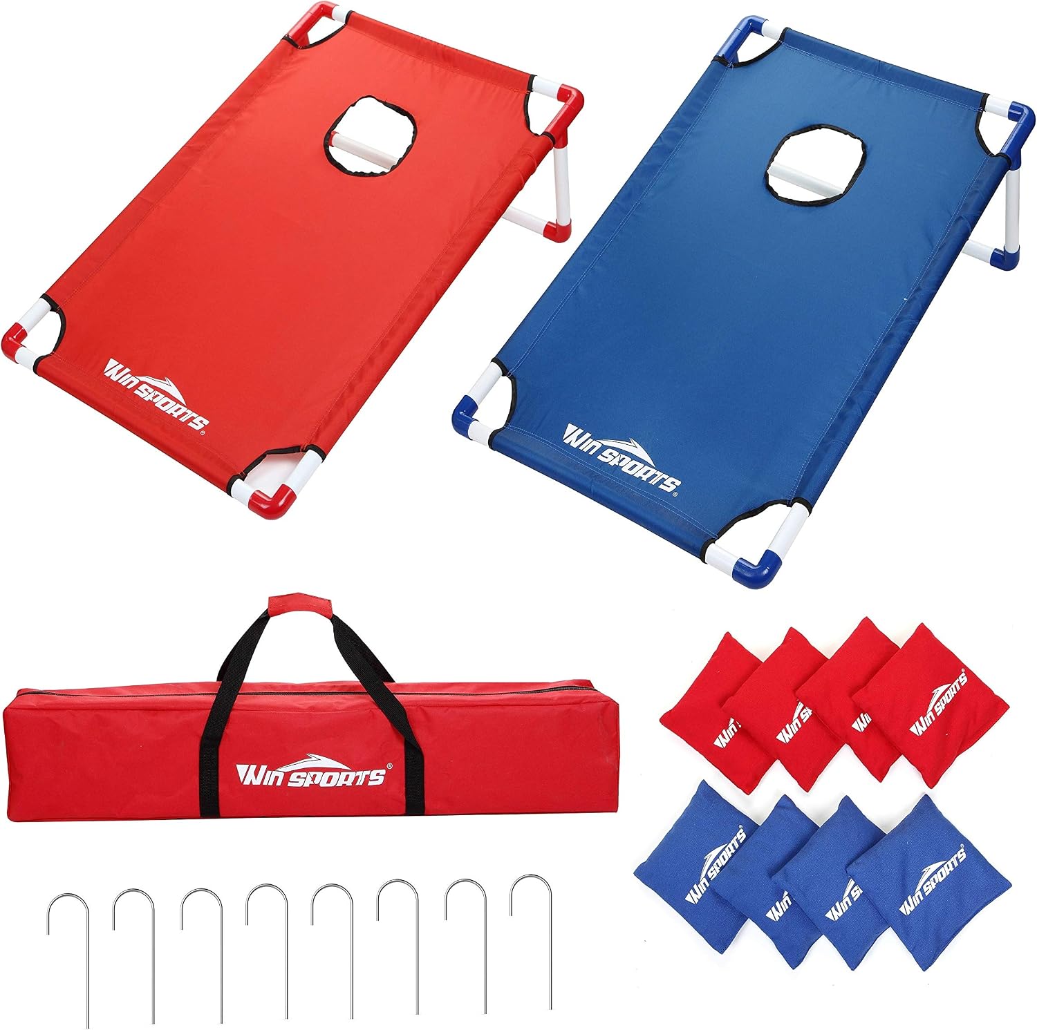 Win SPORTS Bean Bag Toss Cornhole Games - Portable Assemble PVC Framed Toss Game Set with 8 Bean Bags and Carrying Case(3 x 2-feet),Choose Flag Design, Red & Blue (Red&Blue)