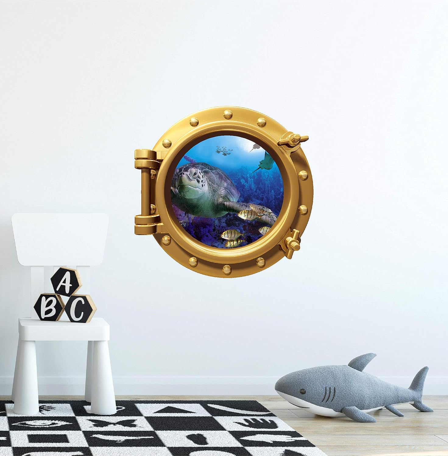 Porthole Window Wall Decal Under The Sea 2 Bronze Port Scape Sea Turtle Fish Coral Reef Ocean Vinyl Sticker Kids Wall Art Decor 18 inch