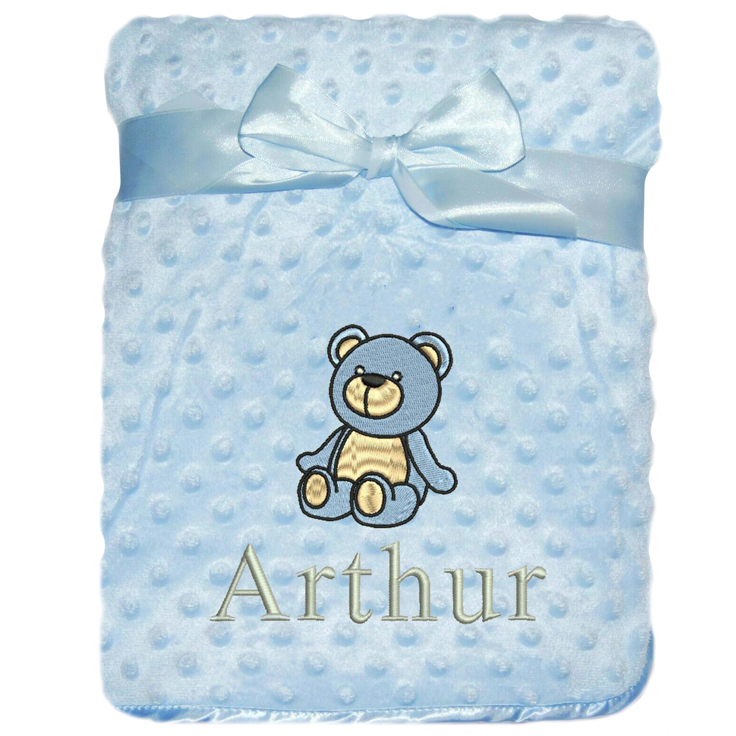 Jjlc Blue Bobble Personalised Baby Bobble Blanket Embroidered Bear & Name Soft Fleece Wrap (Blue Bobble)