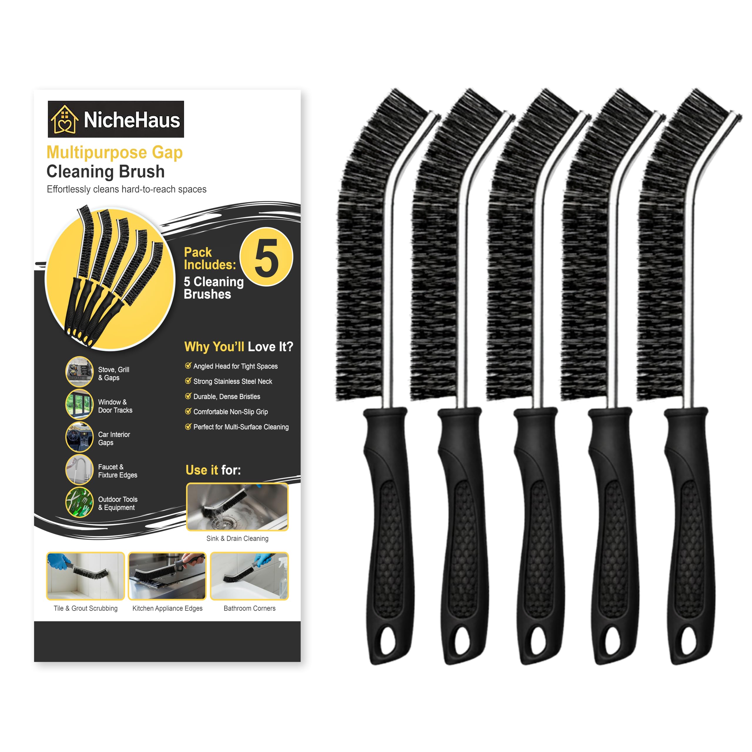 Nichehaus Black Crevice & Grout Cleaning Brush Uk Set – Thin Hard Bristle Brushes For Small Spaces & Tight Gaps (Pack Of 5)
