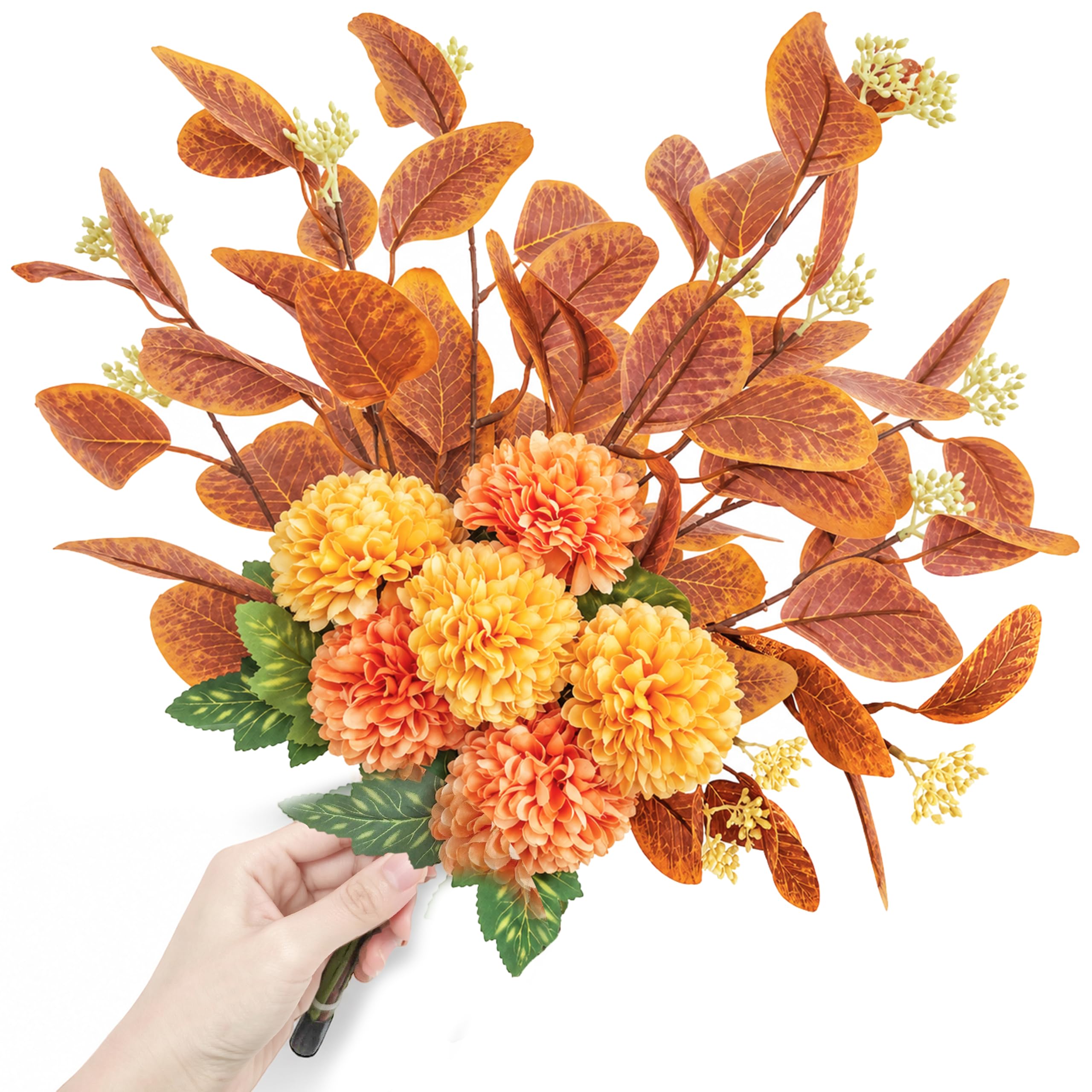 9 Bundles Autumn Artificial Ball Chrysanthemum Faux Eucalyptus Flowers