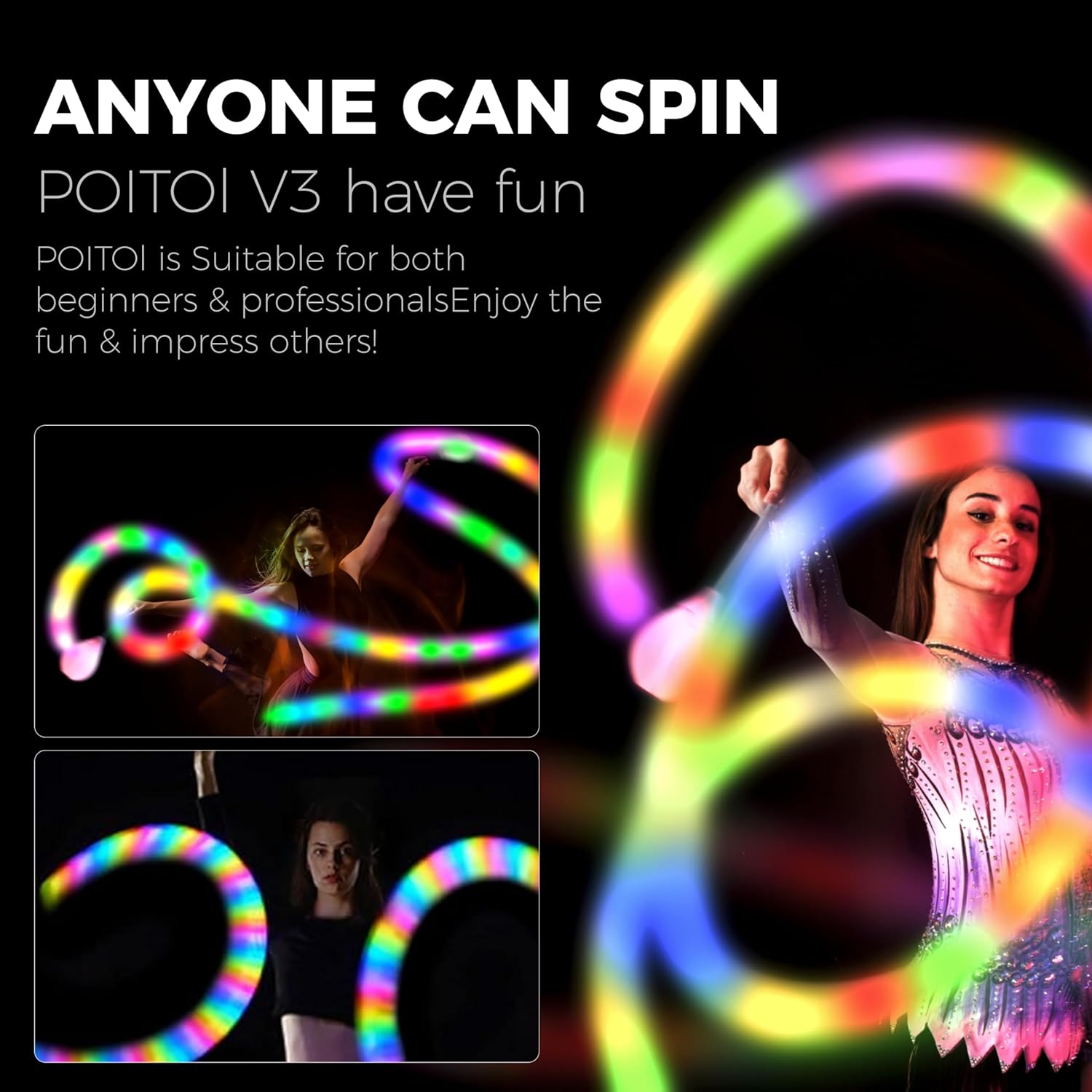 POITOI LED Poi Balls Rechargeable, 34 Vibrant Color Modes & Soft LED Poi Handles with Adjustable Thick Rope, Long Battery Flow Arts Props - Great Gift for Beginners, Professionals & Dancers