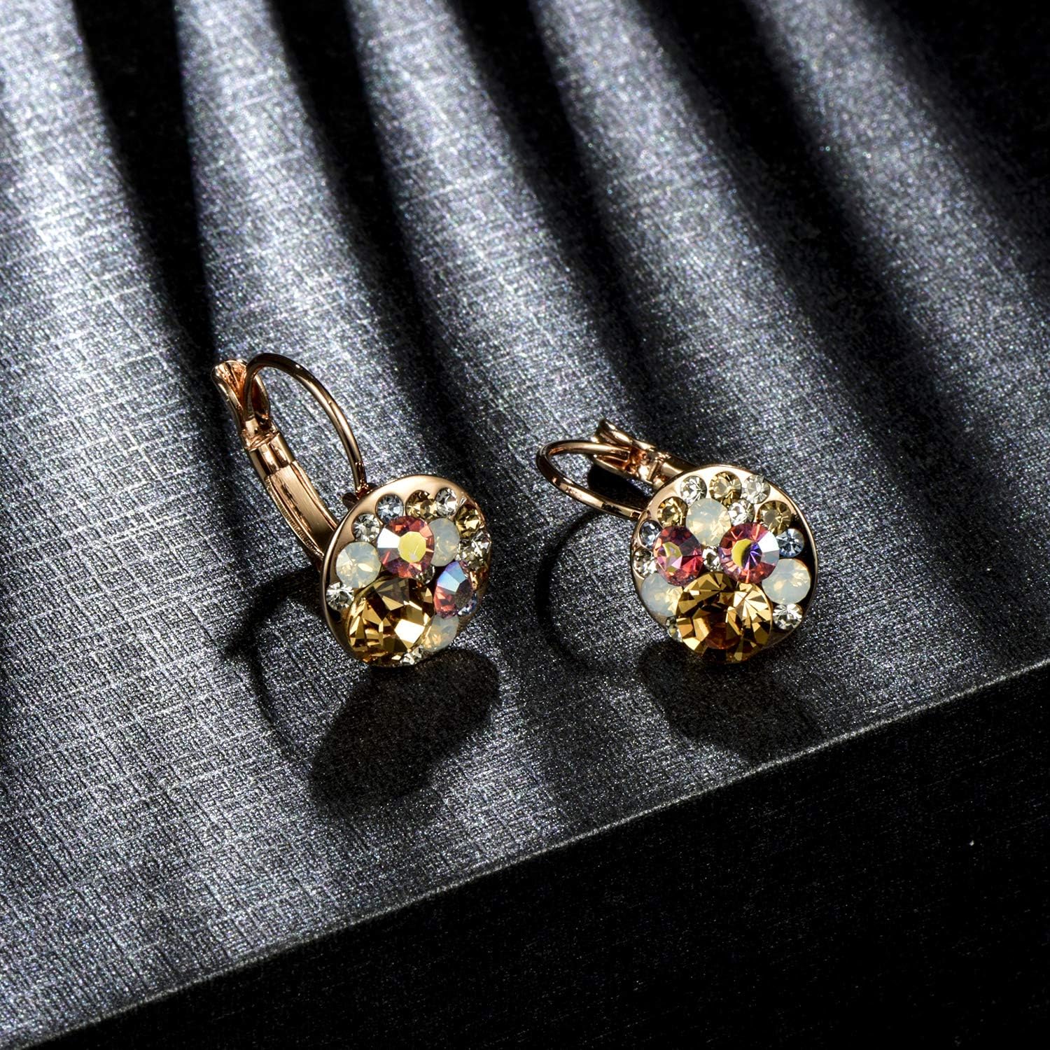 Multicolored Austrian Crystal Leverback Earrings for Women 14K Gold Plated Dangle Hoop Earrings Hypoallergenic Jewelry - Image 9