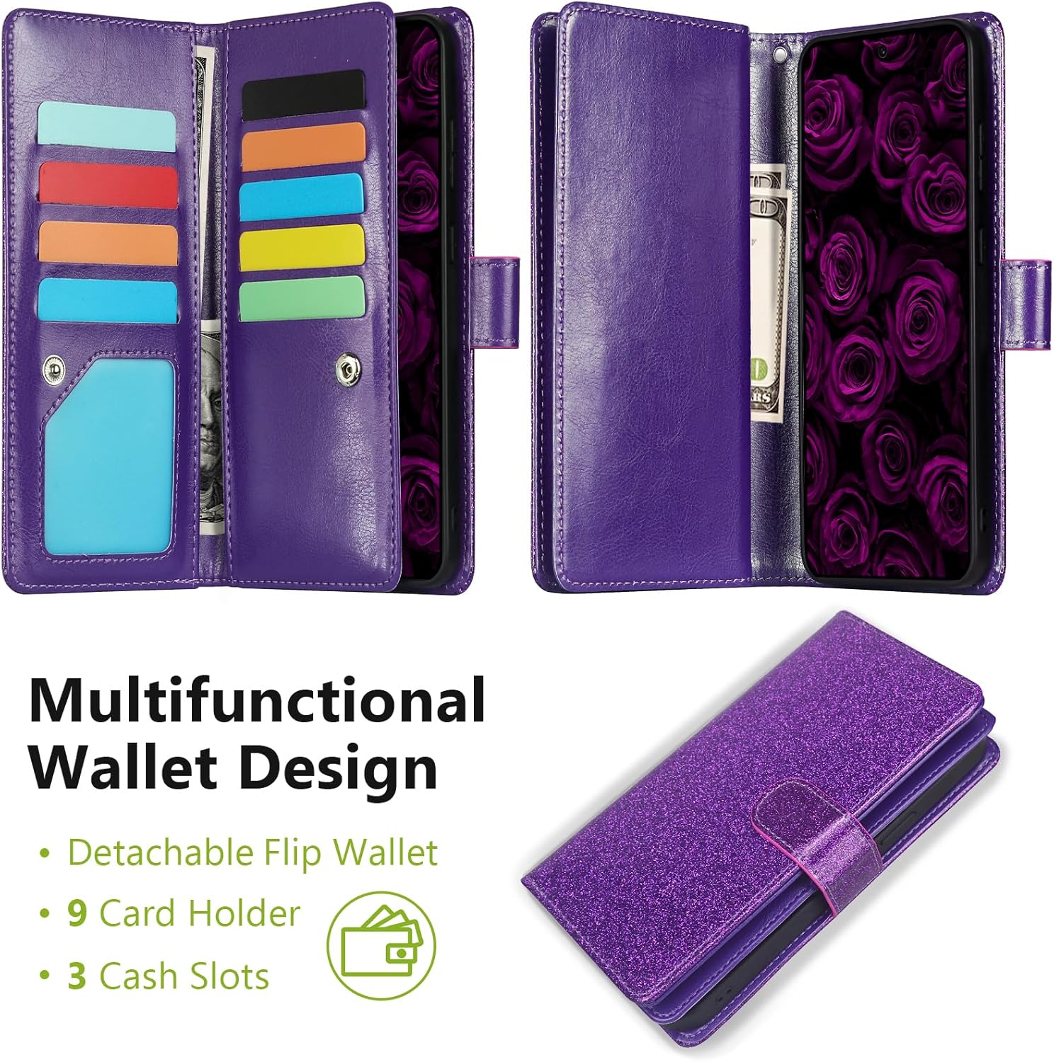 Varikke for Galaxy S23 Wallet Case Detachable with Card Holder for Women, Fashion PU Glitter Leather Strap Magnetic Flip Wallet Removable Phone Case Cover for Samsung Galaxy S23 5G 6.1", Dark Purple